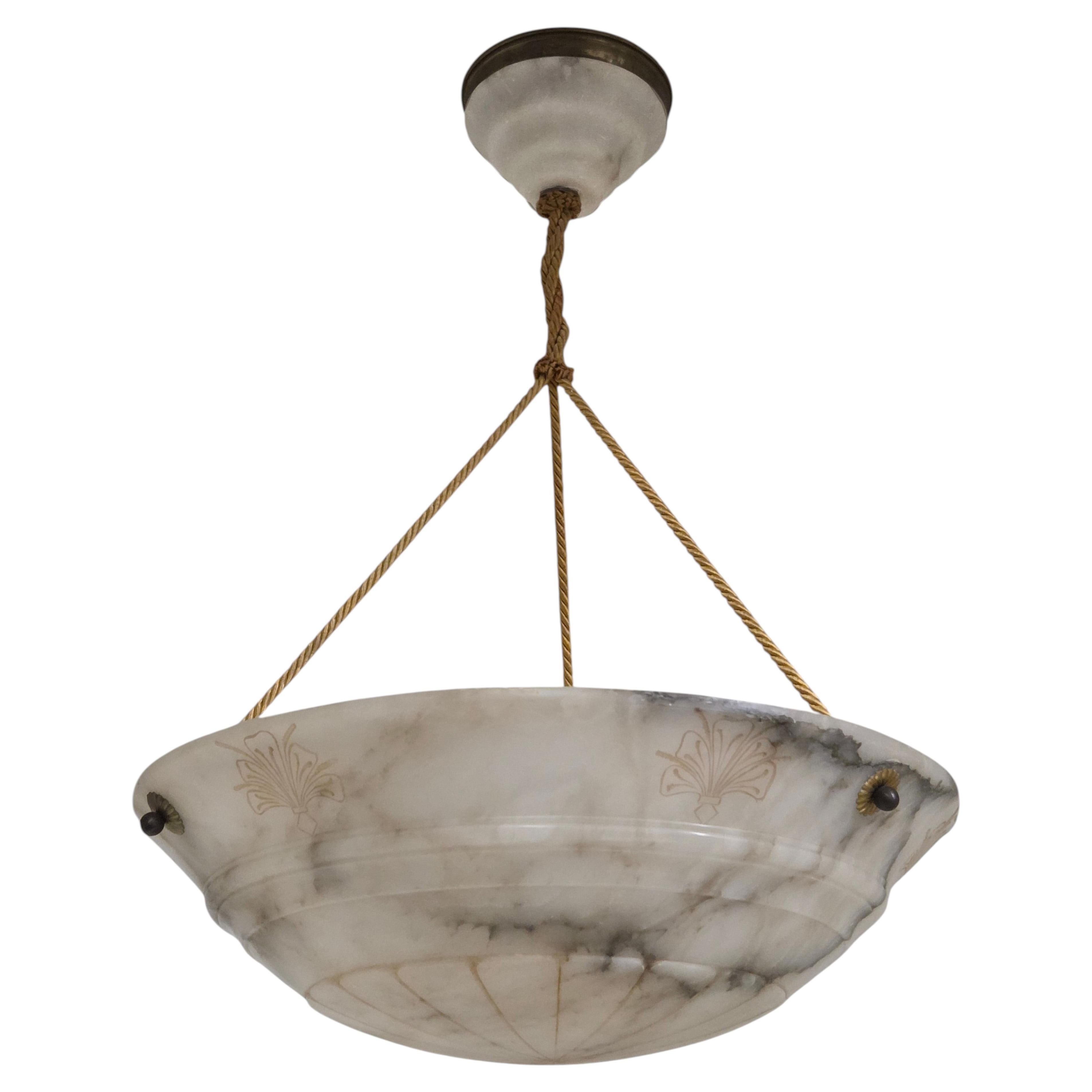 Hand carved French white+ grey alabaster w/carved detail, alabaster canopy +cord