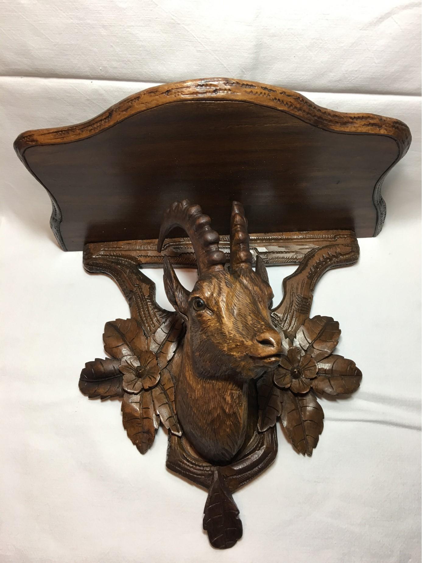 Hand Carved from the Swiss Black Forest Regions Ibex Wall Decoration Shelf In Good Condition For Sale In Frisco, TX