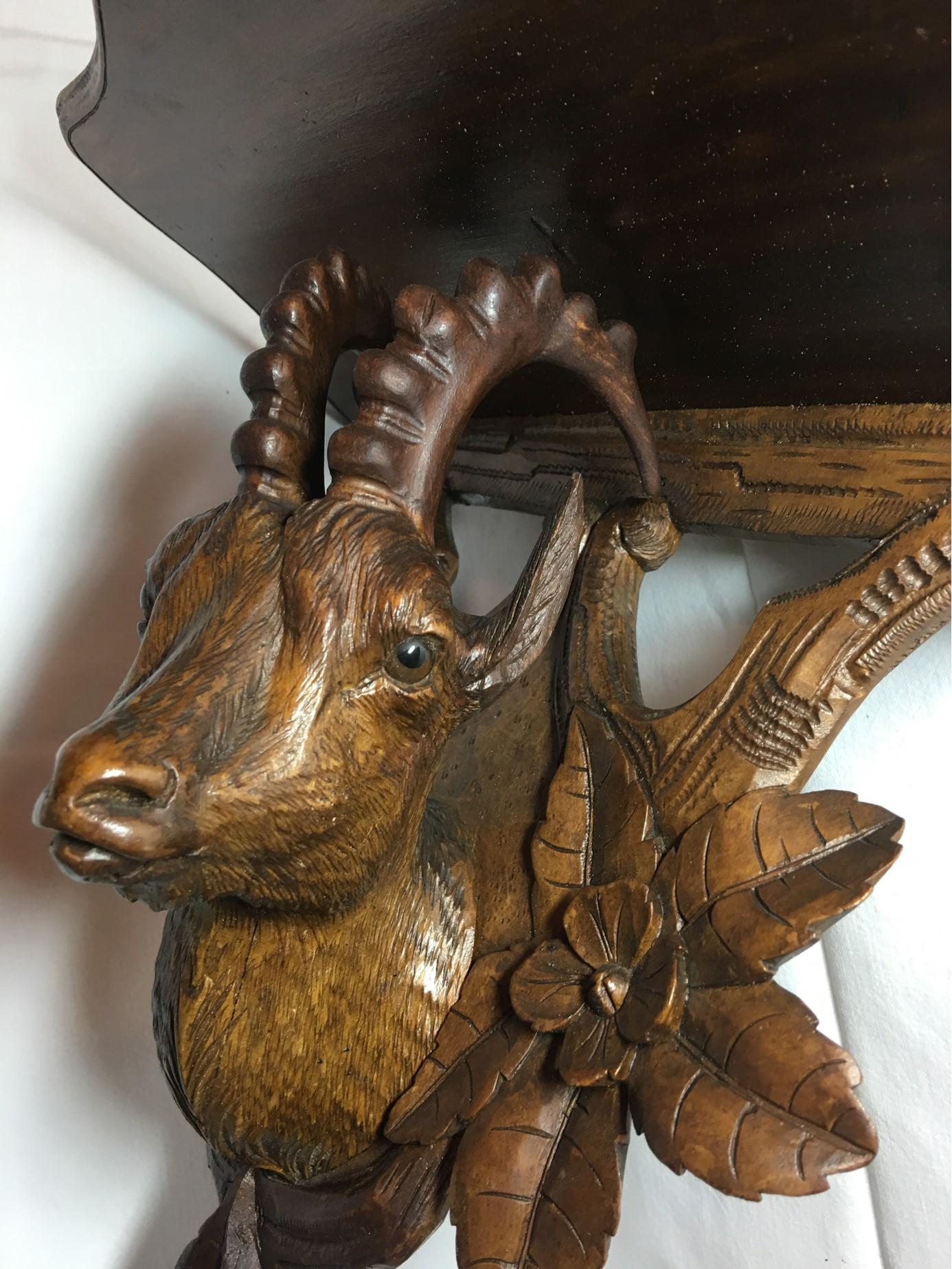 Hardwood Hand Carved from the Swiss Black Forest Regions Ibex Wall Decoration Shelf For Sale