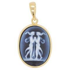 Hand-Carved Gemini Zodiac Agate Cameo 925 Sterling Silver Pendant Necklace