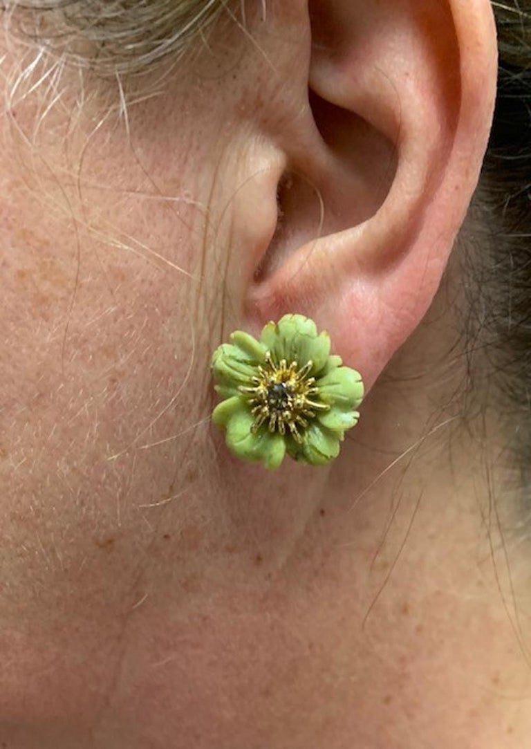 Hand Carved Gemstone Flower Earring Jacket Set 18k Gold and Diamond