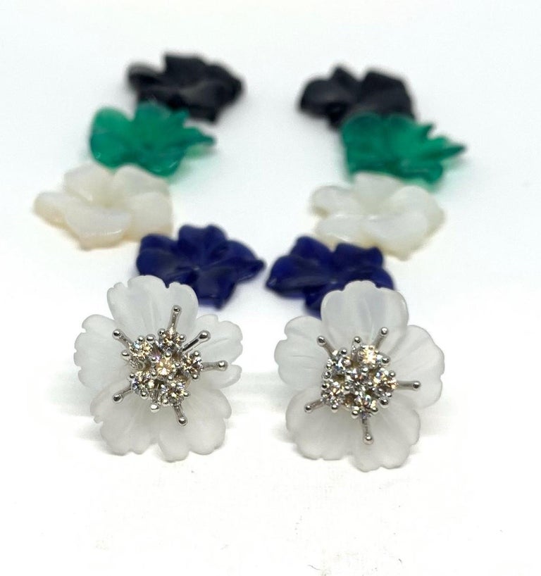 Hand Carved Gemstone Flower Earring Jacket Set, 18k Gold and Diamond