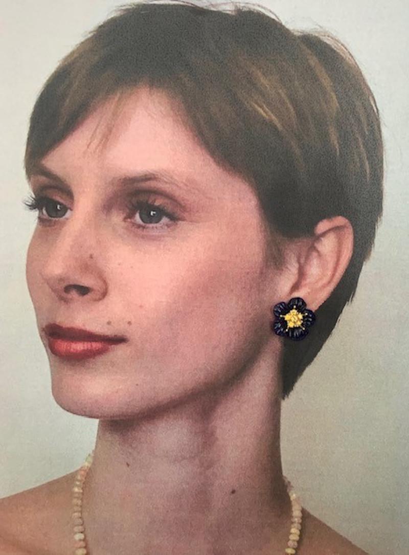 Hand Carved Gemstone Flower Earring Jacket Set 18k Gold & Sapphire Stamen Posts 5