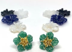Hand Carved Gemstone Flower Earring Jacket Set 18k Gold & Sapphire Stamen Posts