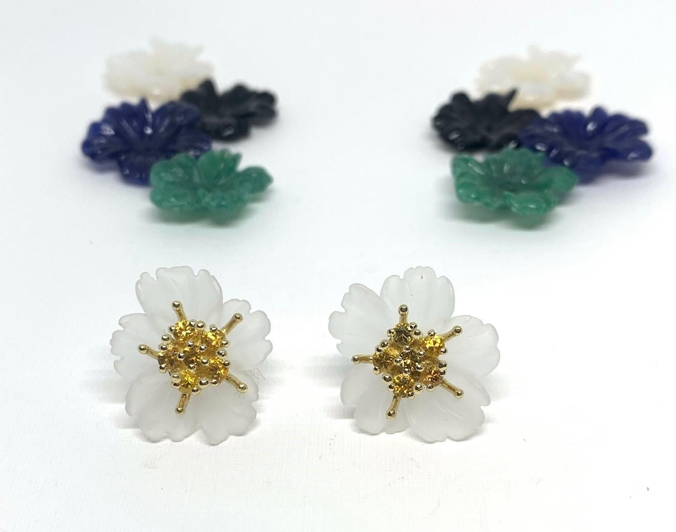 Artisan Hand Carved Gemstone Flower Earring Jacket Set 18k Gold & Sapphire Stamen Posts