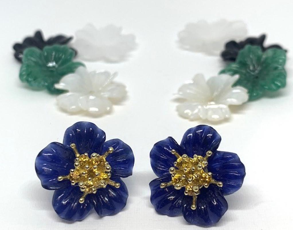 Mixed Cut Hand Carved Gemstone Flower Earring Jacket Set 18k Gold & Sapphire Stamen Posts