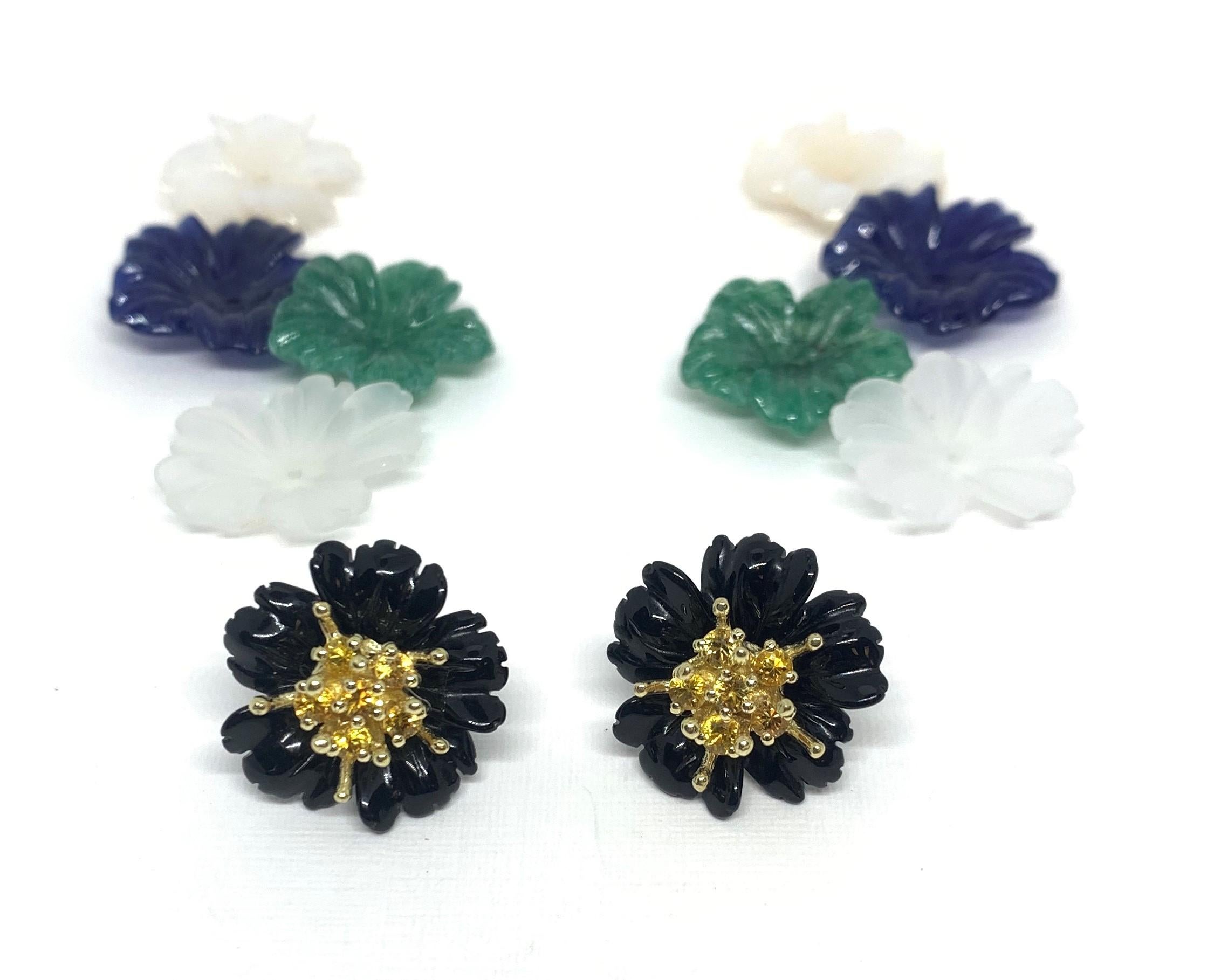 Women's or Men's Hand Carved Gemstone Flower Earring Jacket Set 18k Gold & Sapphire Stamen Posts