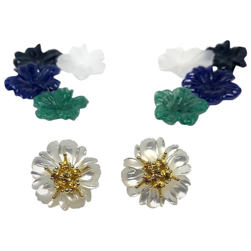 Hand Carved Gemstone Flower Earring Jacket Set 18k Gold & Sapphire Stamen Posts