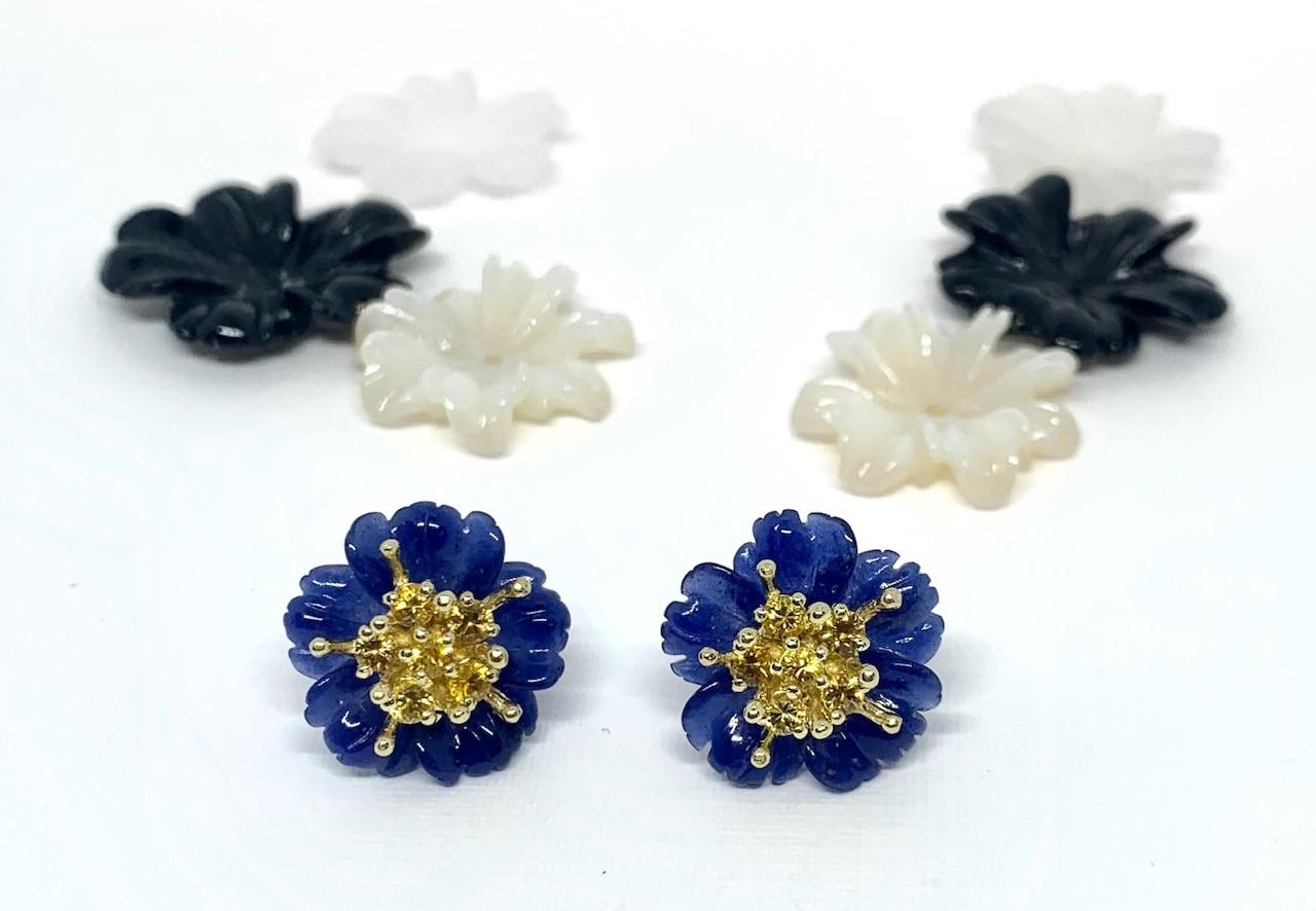 Artisan Carved Gemstone Flower Earring Jacket Set with Yellow Sapphire and Gold Posts For Sale