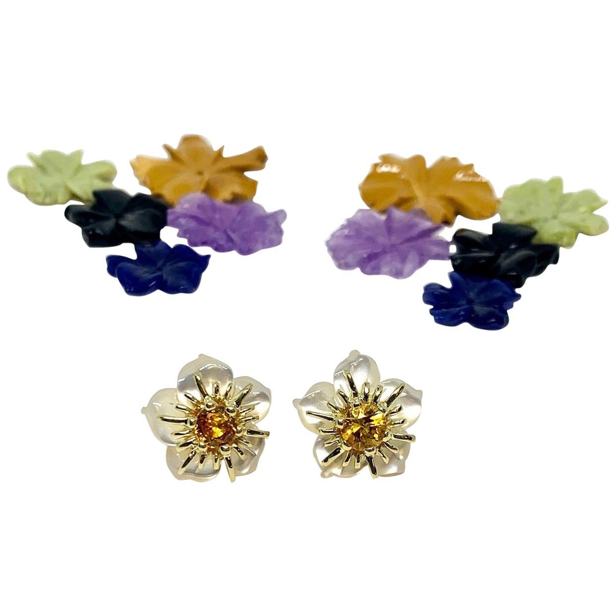 Hand Carved Gemstone Flower Earring Jacket Set 18k Gold and Yellow