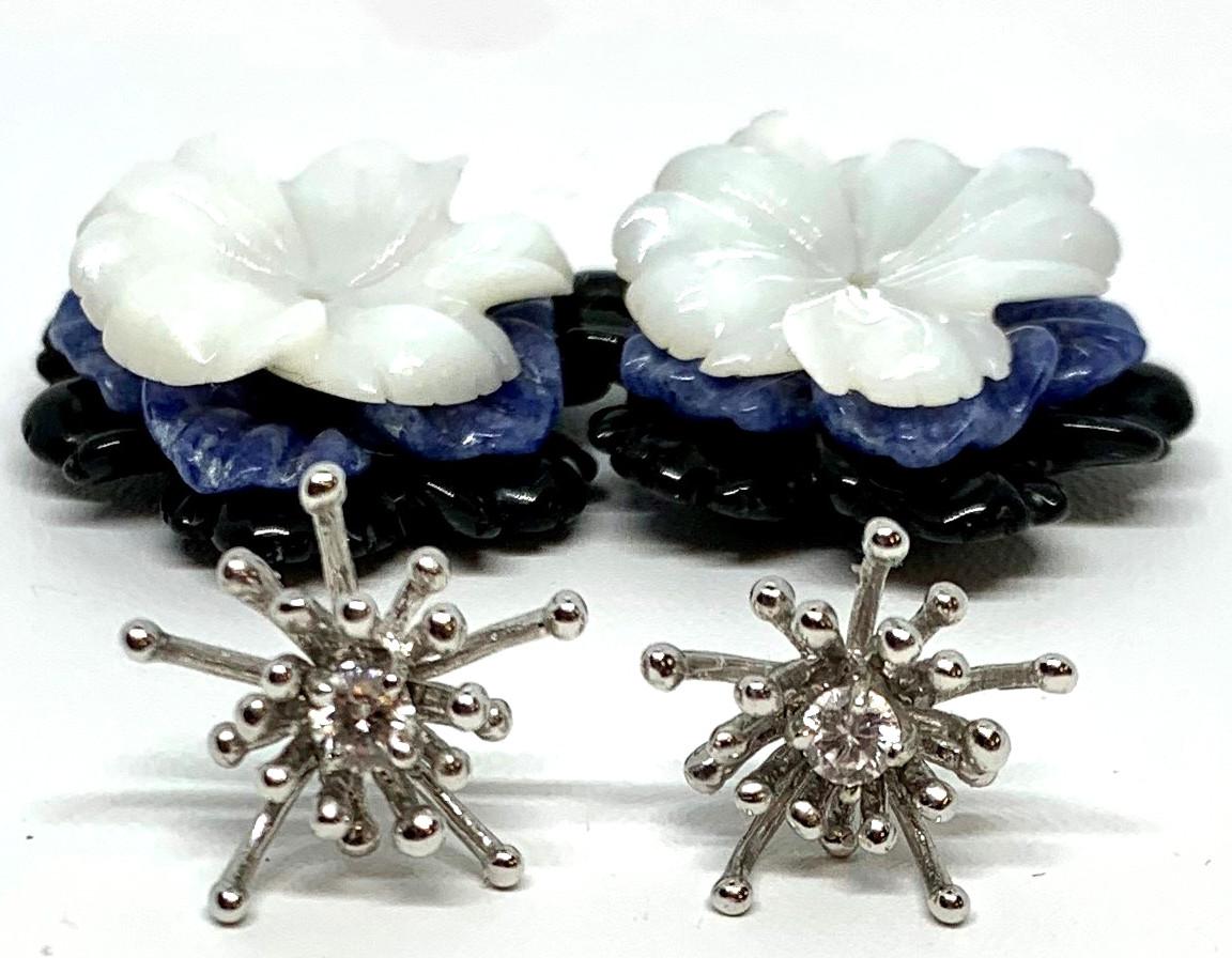 Round Cut  Hand Carved Gemstone Flower Earring Jacket Set with 18k White Gold and Diamonds