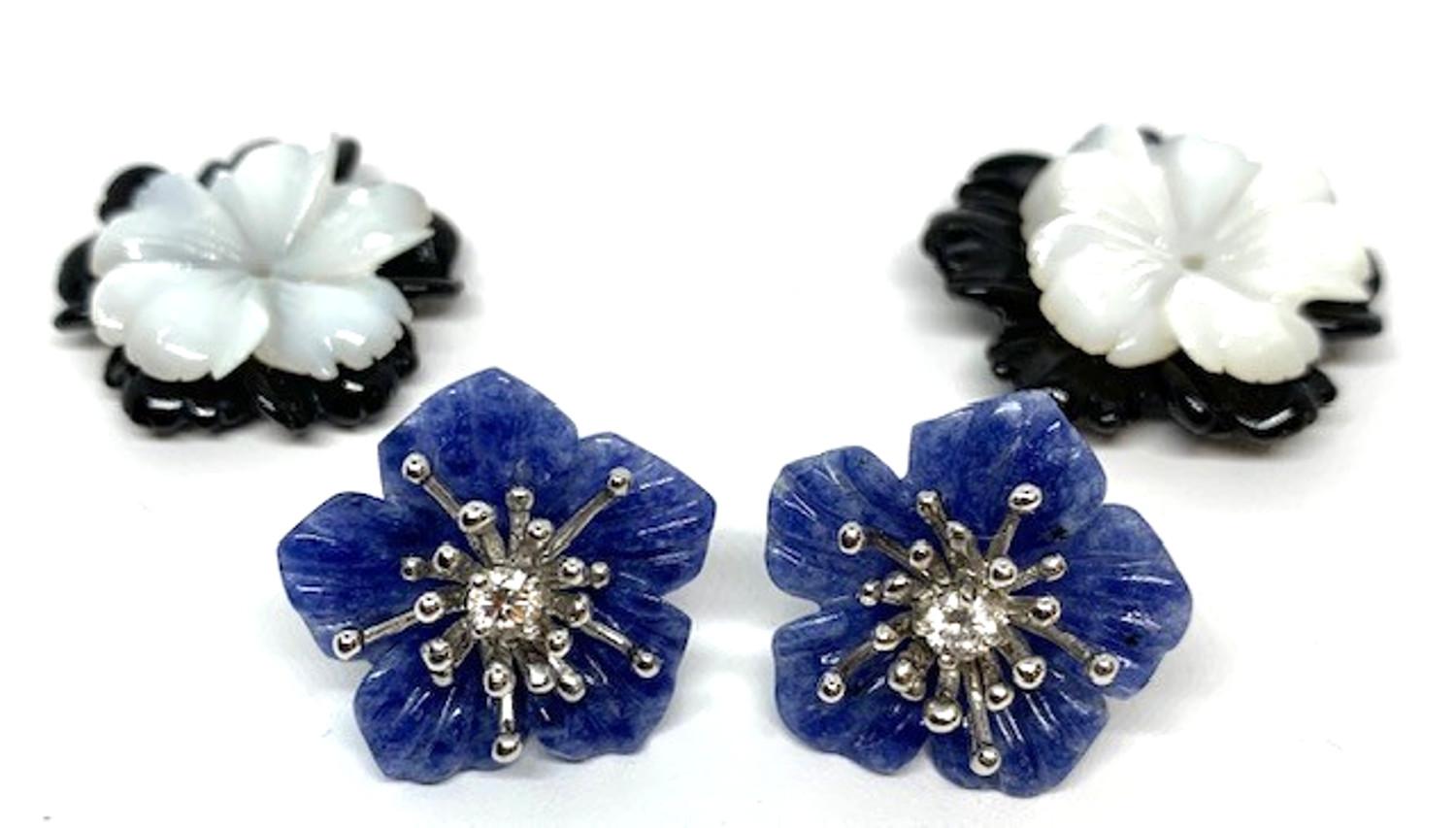 Artisan  Hand Carved Gemstone Flower Earring Jacket Set with 18k White Gold and Diamonds