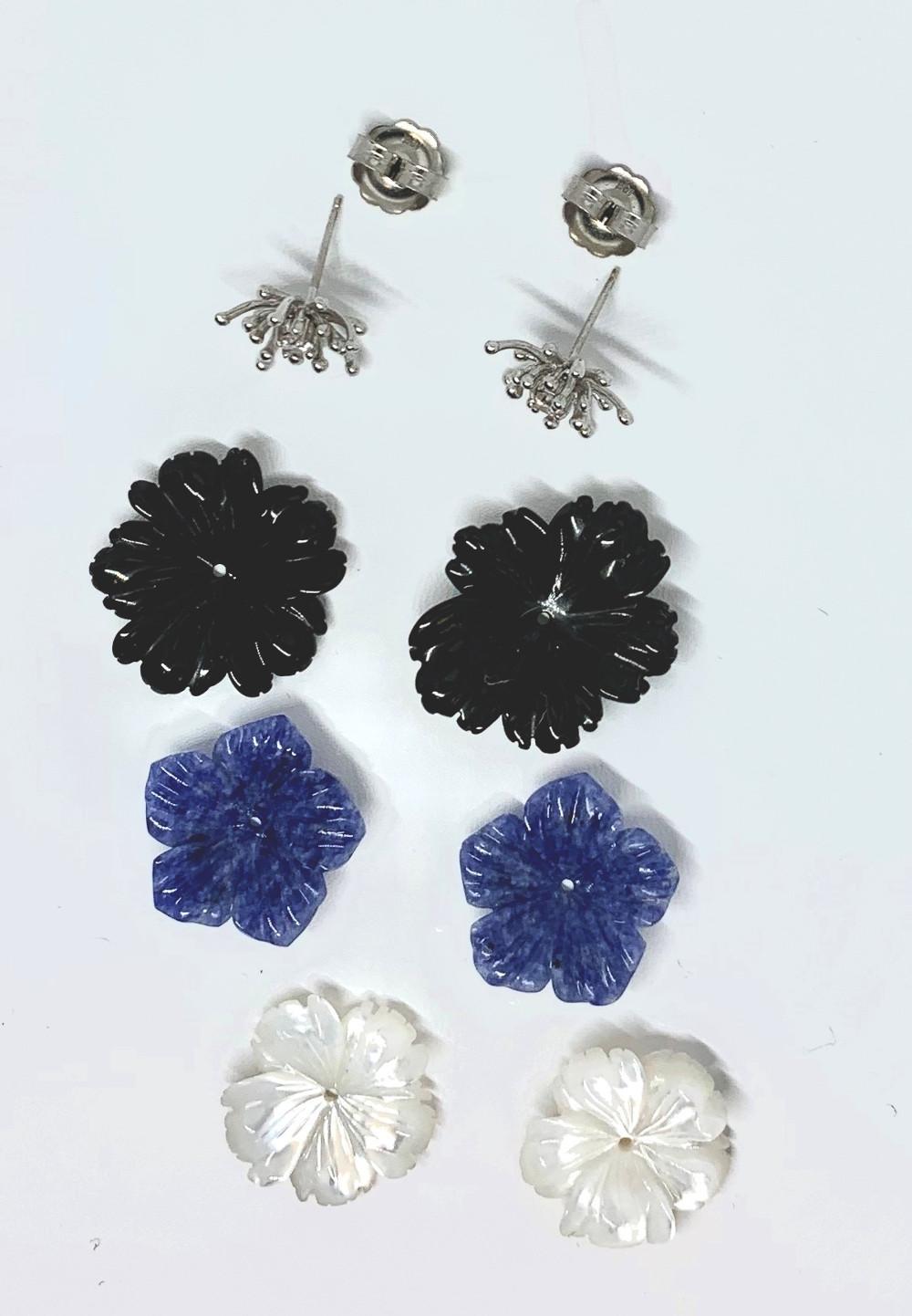  Hand Carved Gemstone Flower Earring Jacket Set with 18k White Gold and Diamonds In New Condition In Los Angeles, CA