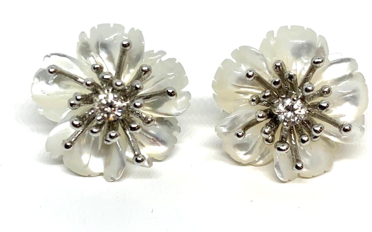 Women's  Hand Carved Gemstone Flower Earring Jacket Set with 18k White Gold and Diamonds