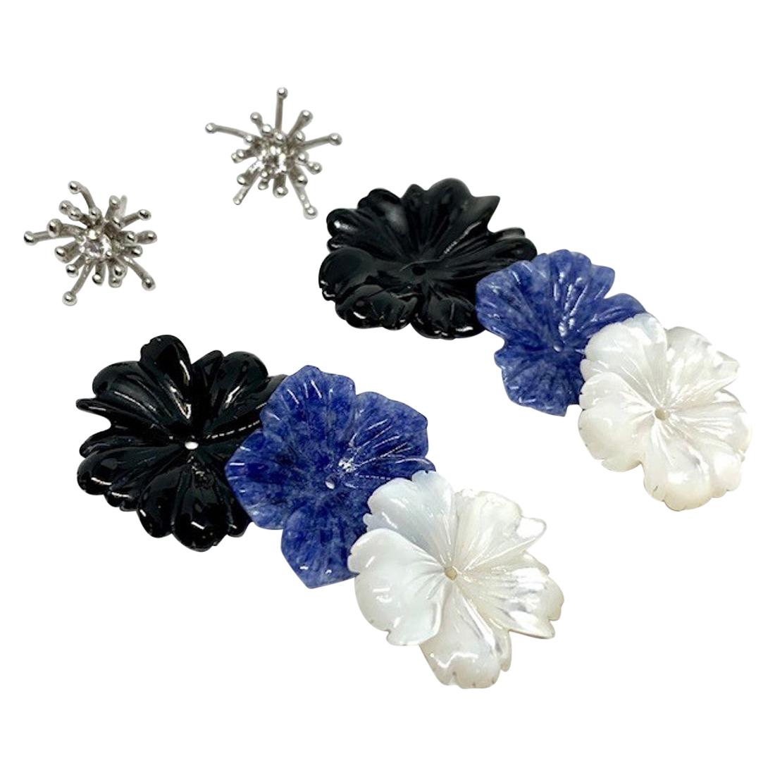  Hand Carved Gemstone Flower Earring Jacket Set with 18k White Gold and Diamonds