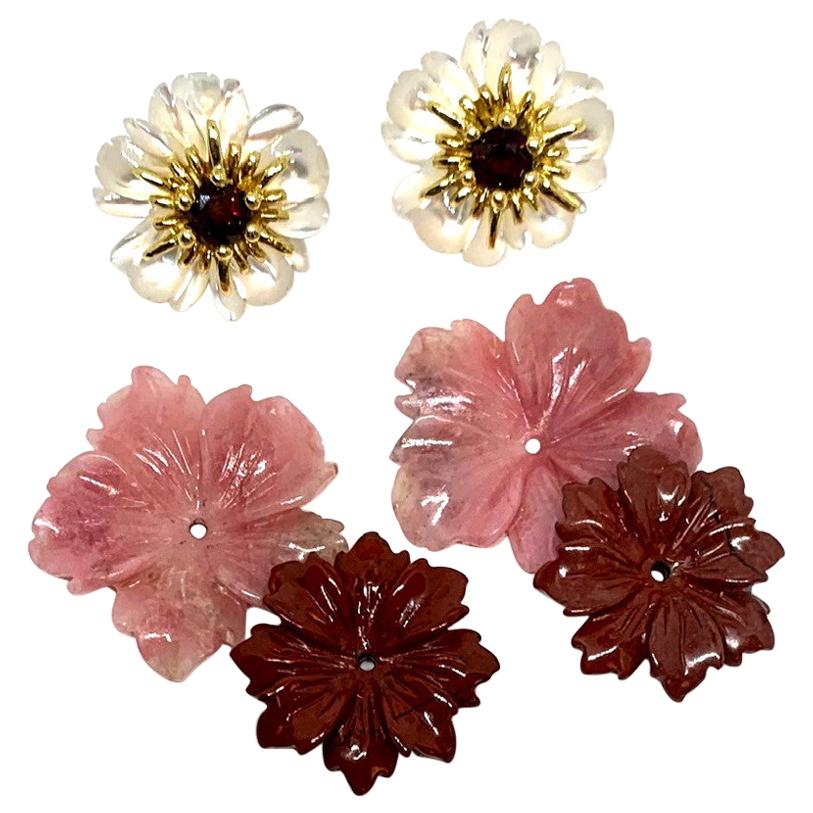 Hand Carved Gemstone Flower Earring Jackets 18 Karat Gold and Garnet Posts