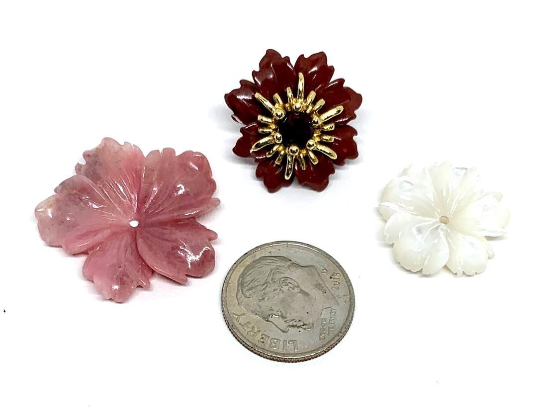 Artisan Hand Carved Gemstone Flower Earring Jackets 18 Karat Gold and Garnet Posts