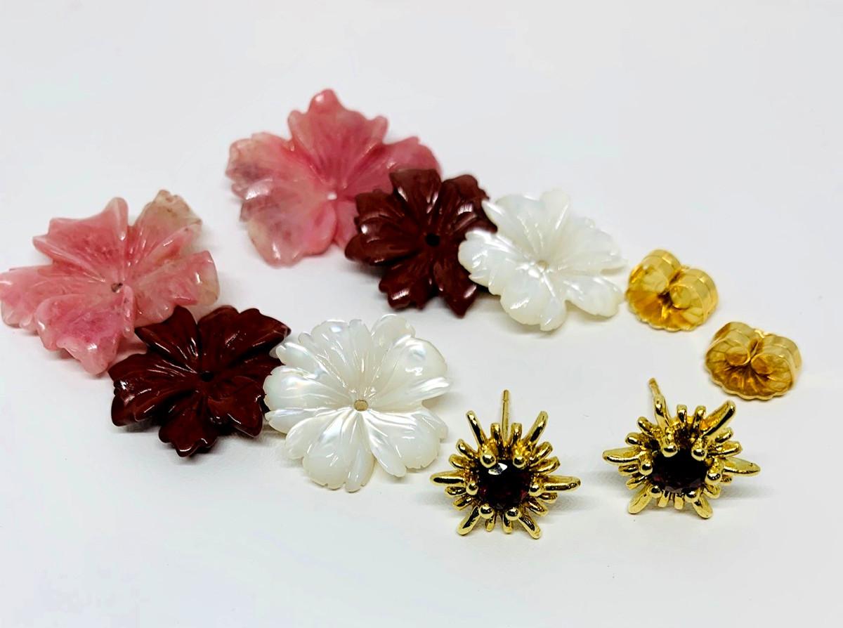 Round Cut Hand Carved Gemstone Flower Earring Jackets 18 Karat Gold and Garnet Posts