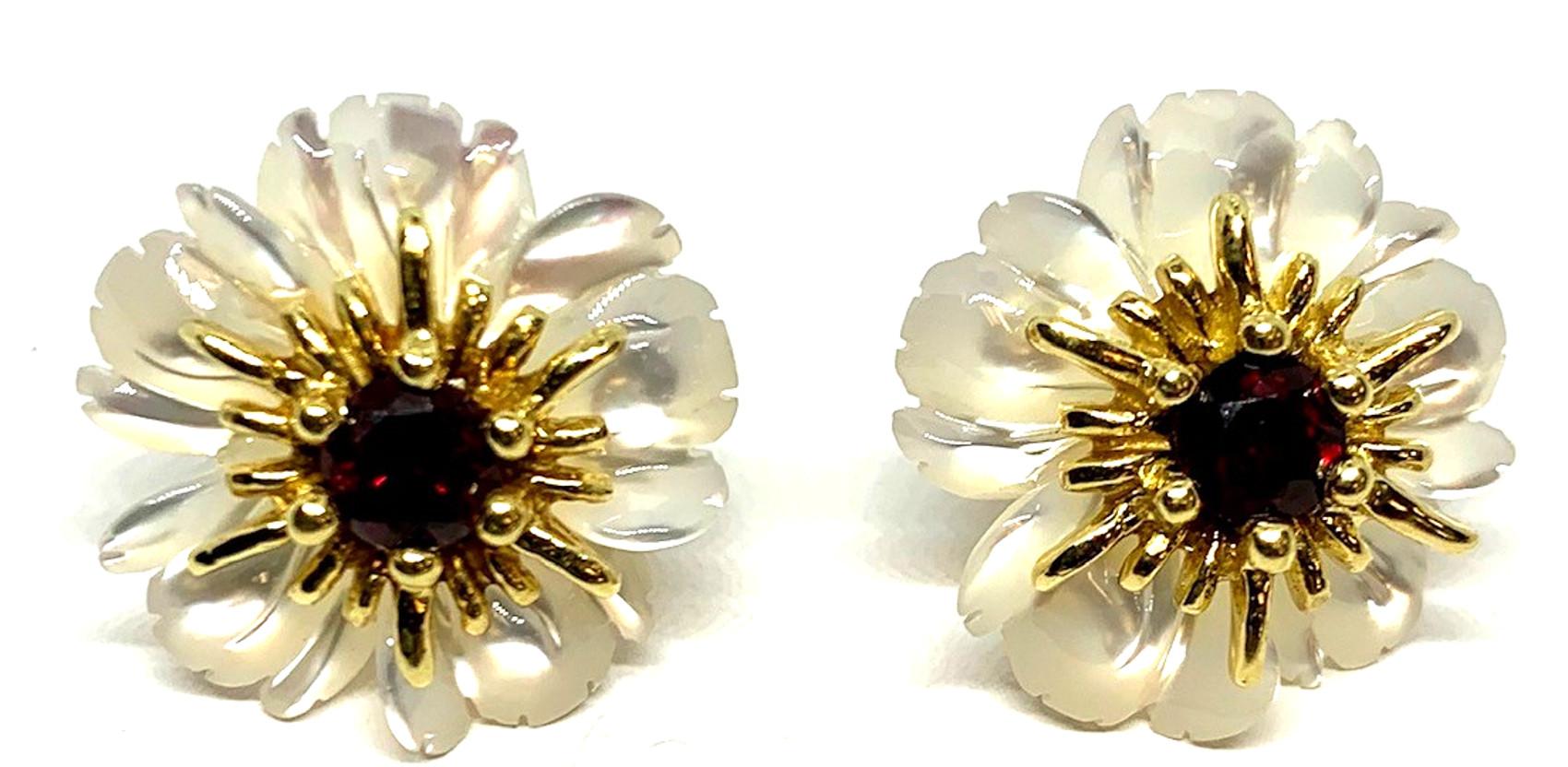 Women's Hand Carved Gemstone Flower Earring Jackets 18 Karat Gold and Garnet Posts