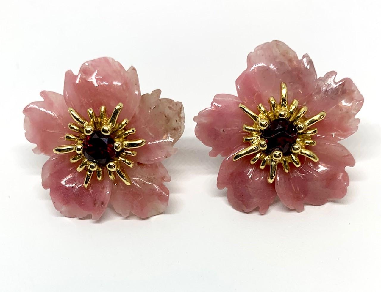 Hand Carved Gemstone Flower Earring Jackets 18 Karat Gold and Garnet Posts 1