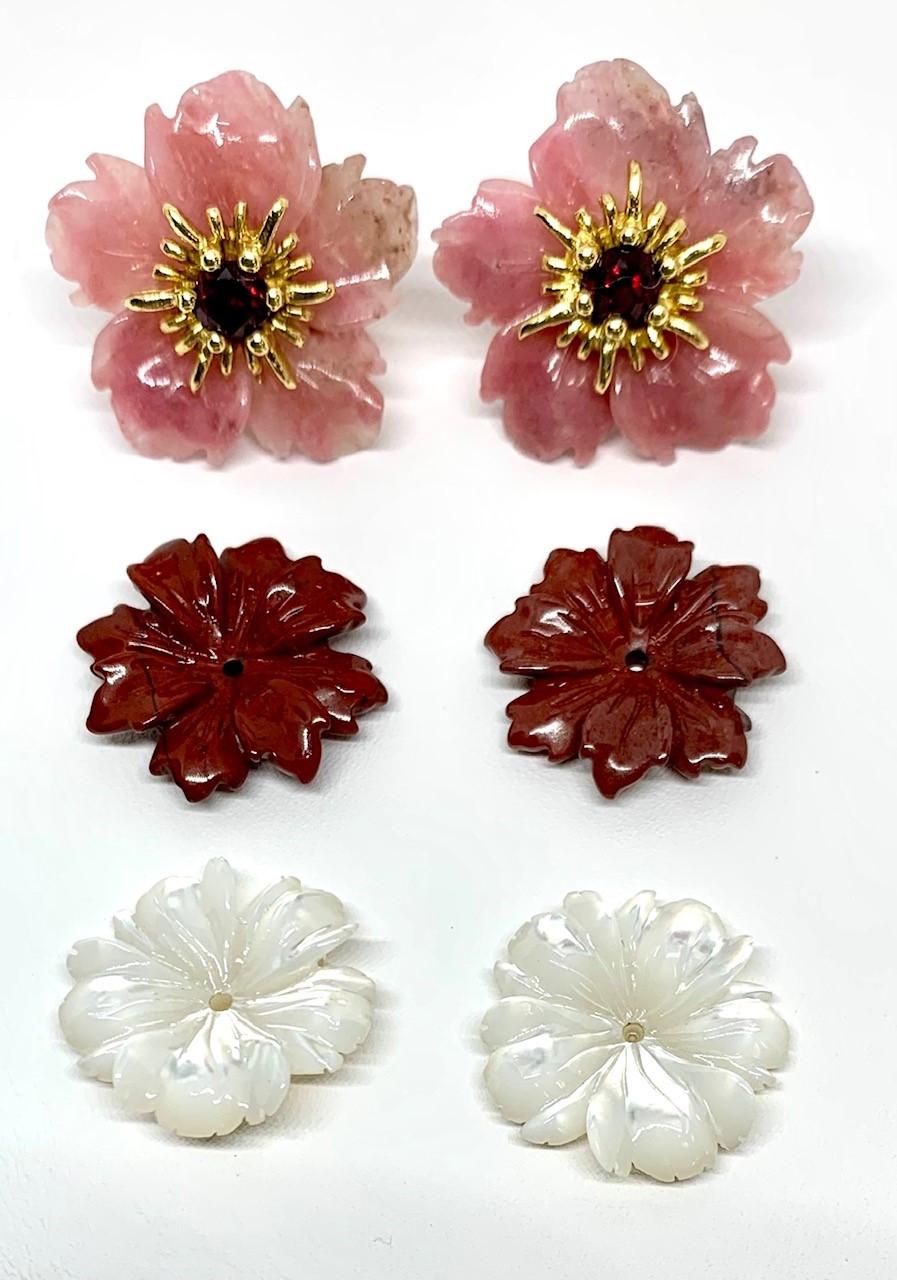 Hand Carved Gemstone Flower Earring Jackets 18 Karat Gold and Garnet Posts 2
