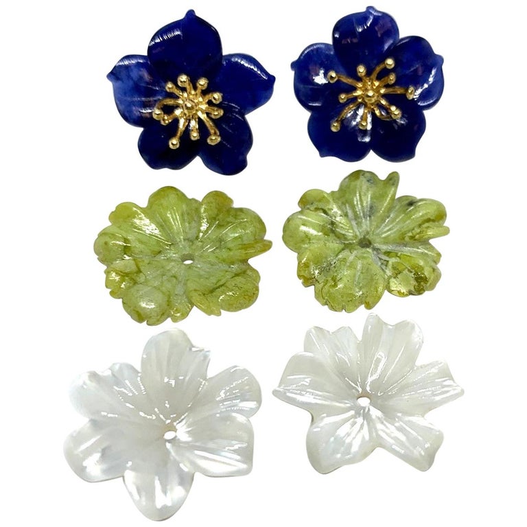 Hand Carved Gemstone Flower Earring Jackets with 18 Karat Gold Stamen