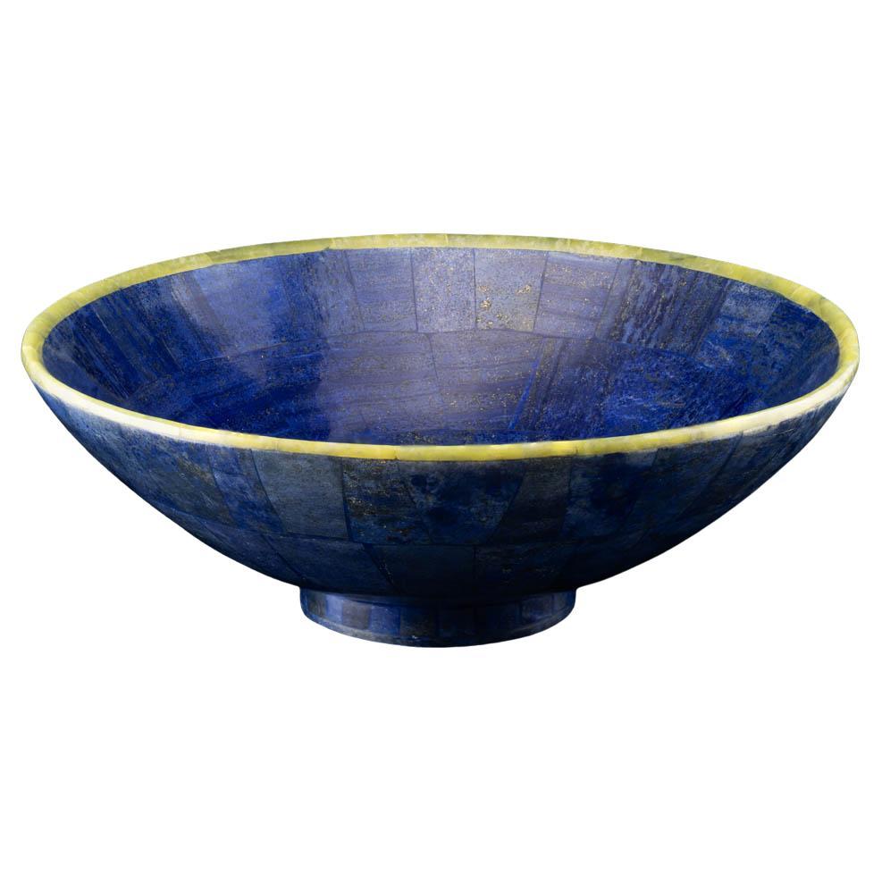 Hand Carved Genuine Lapis Lazuli Bowl with Jade Accent For Sale