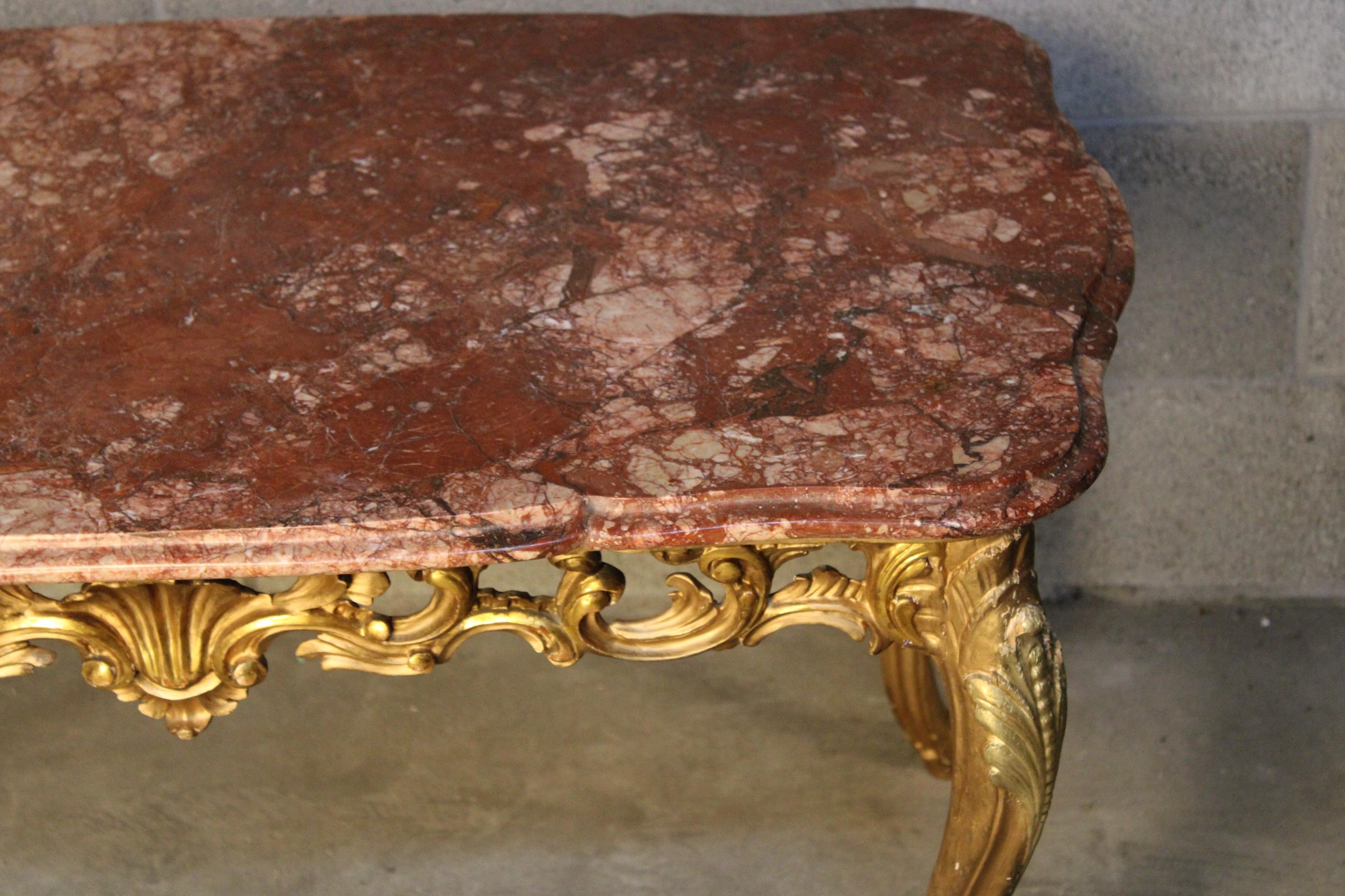 Louis XV  Italian Gilded wood Center Table with Marble Top For Sale