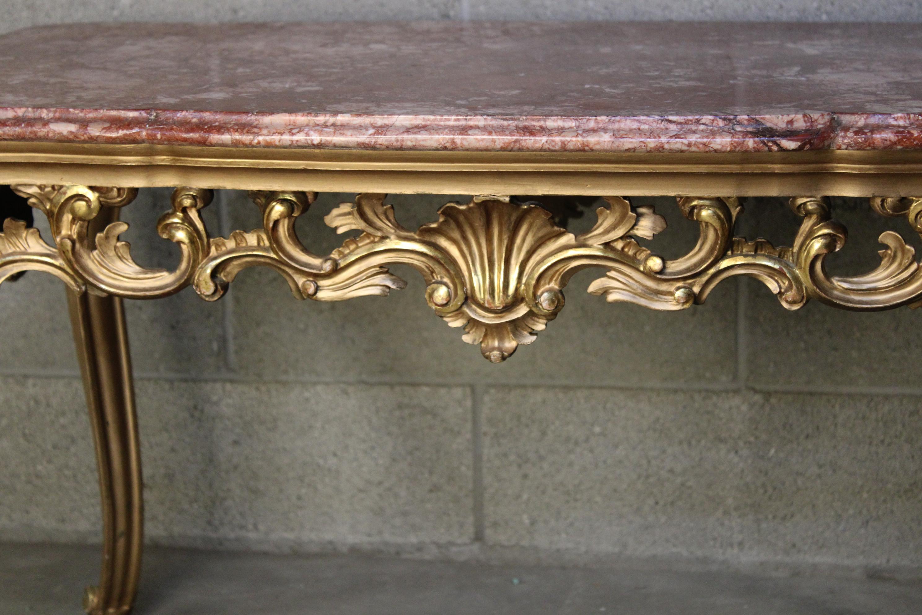 Hand-Carved  Italian Gilded wood Center Table with Marble Top For Sale
