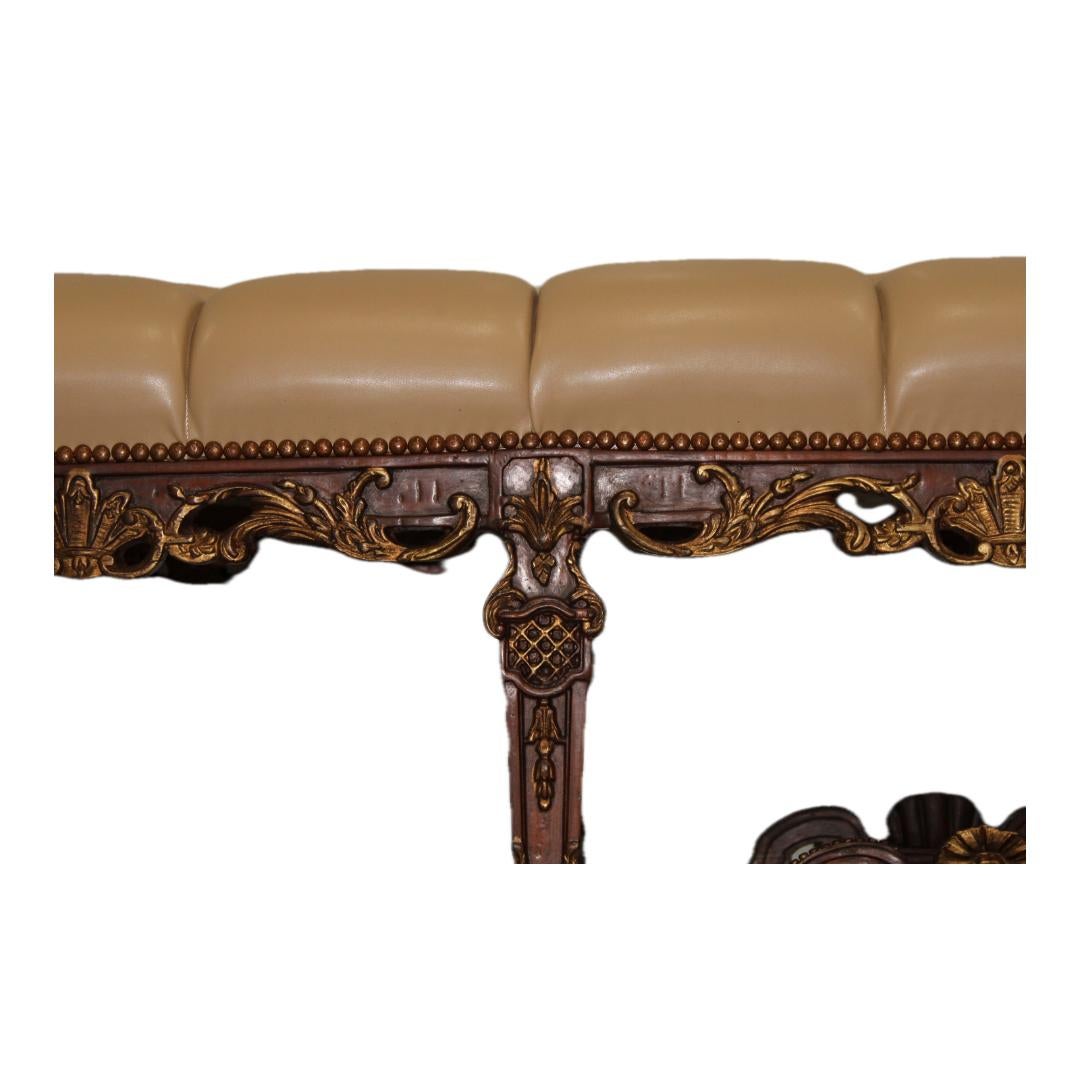 Hand Carved & Gilded Window Benches w/ Leather Seats For Sale 1