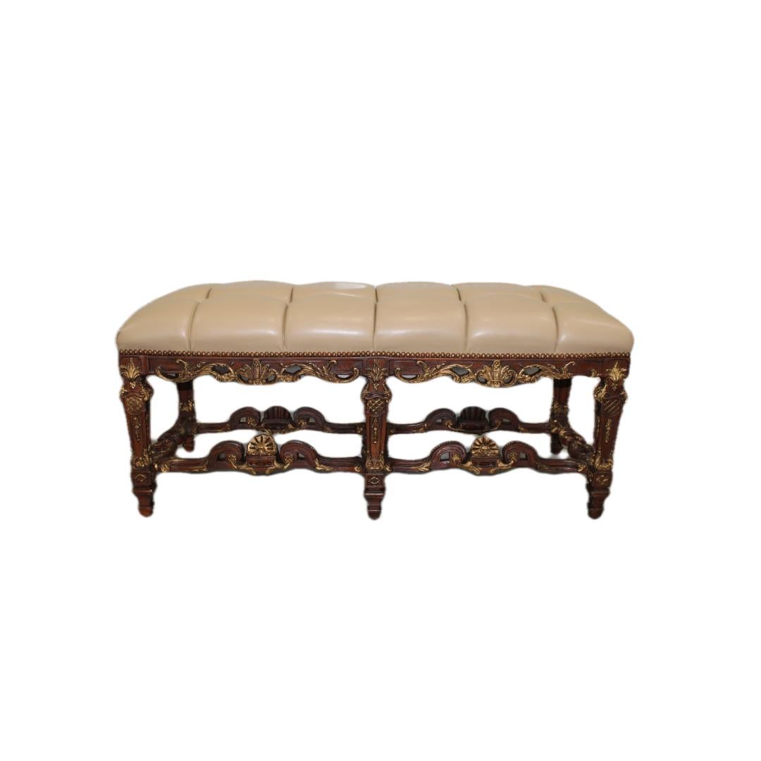 Hand Carved & Gilded Window Benches w/ Leather Seats For Sale 3
