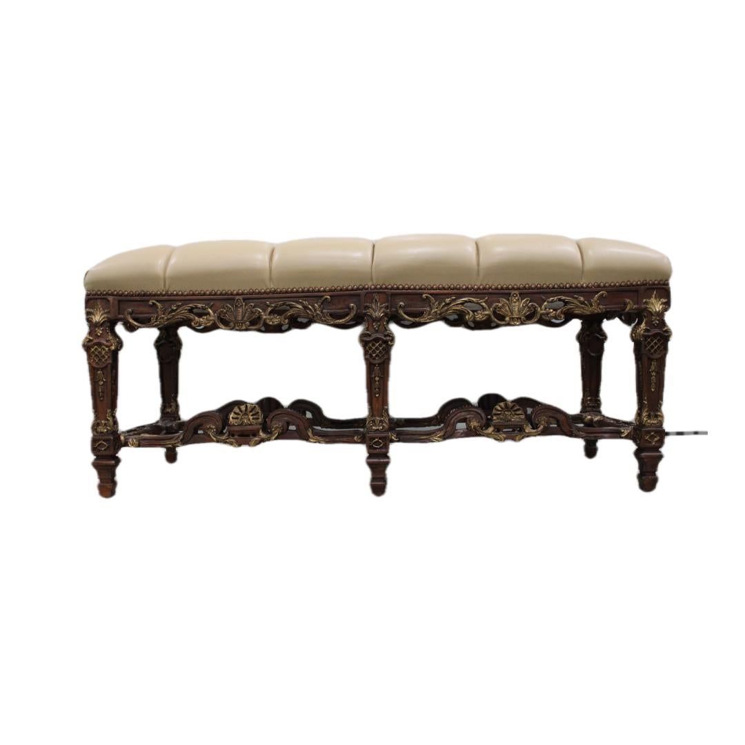 Hand Carved & Gilded Window Benches w/ Leather Seats For Sale 4