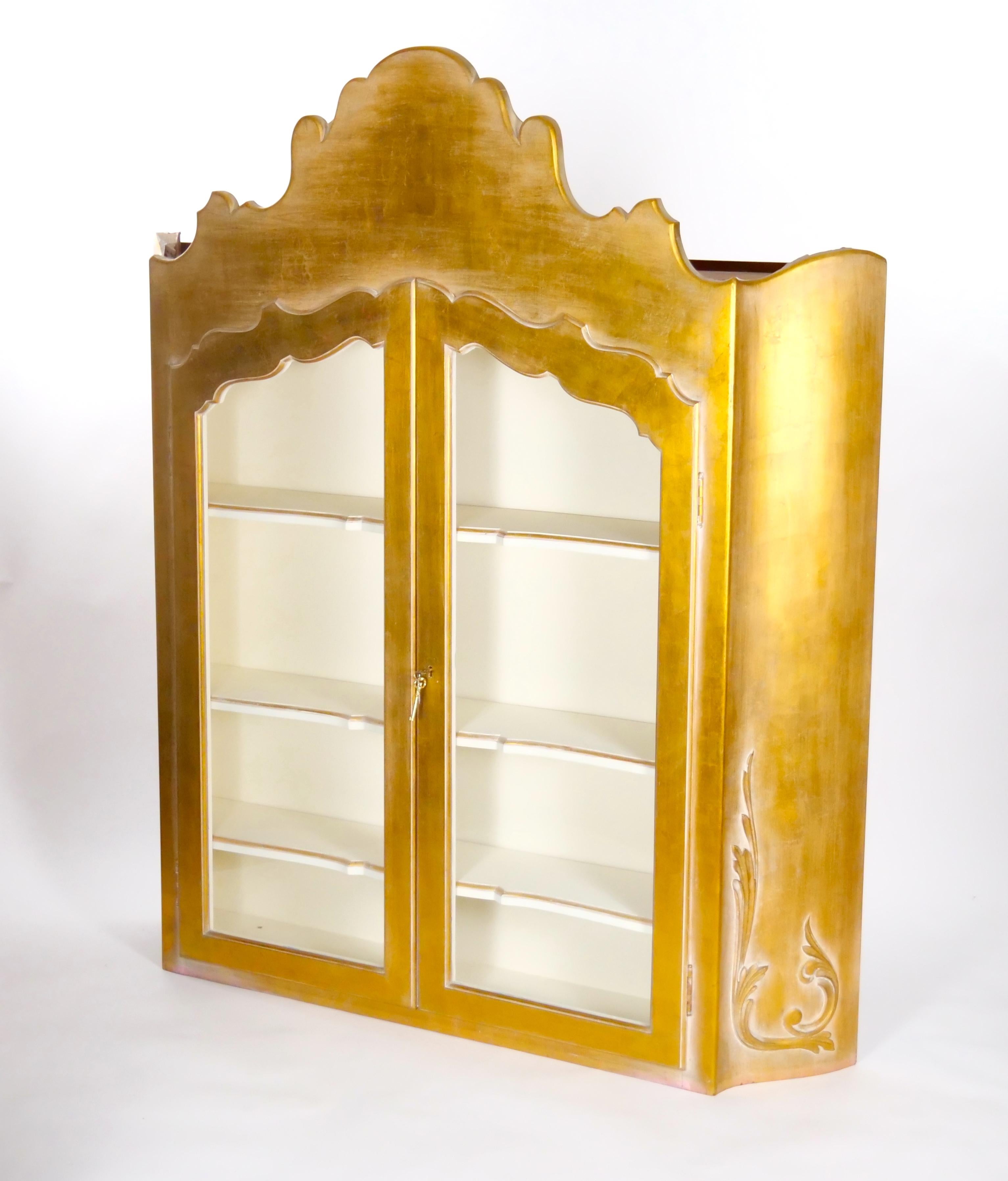 Louis XVI Hand Carved Gilt Gold Painted Exterior Two Part Display Cabinet For Sale