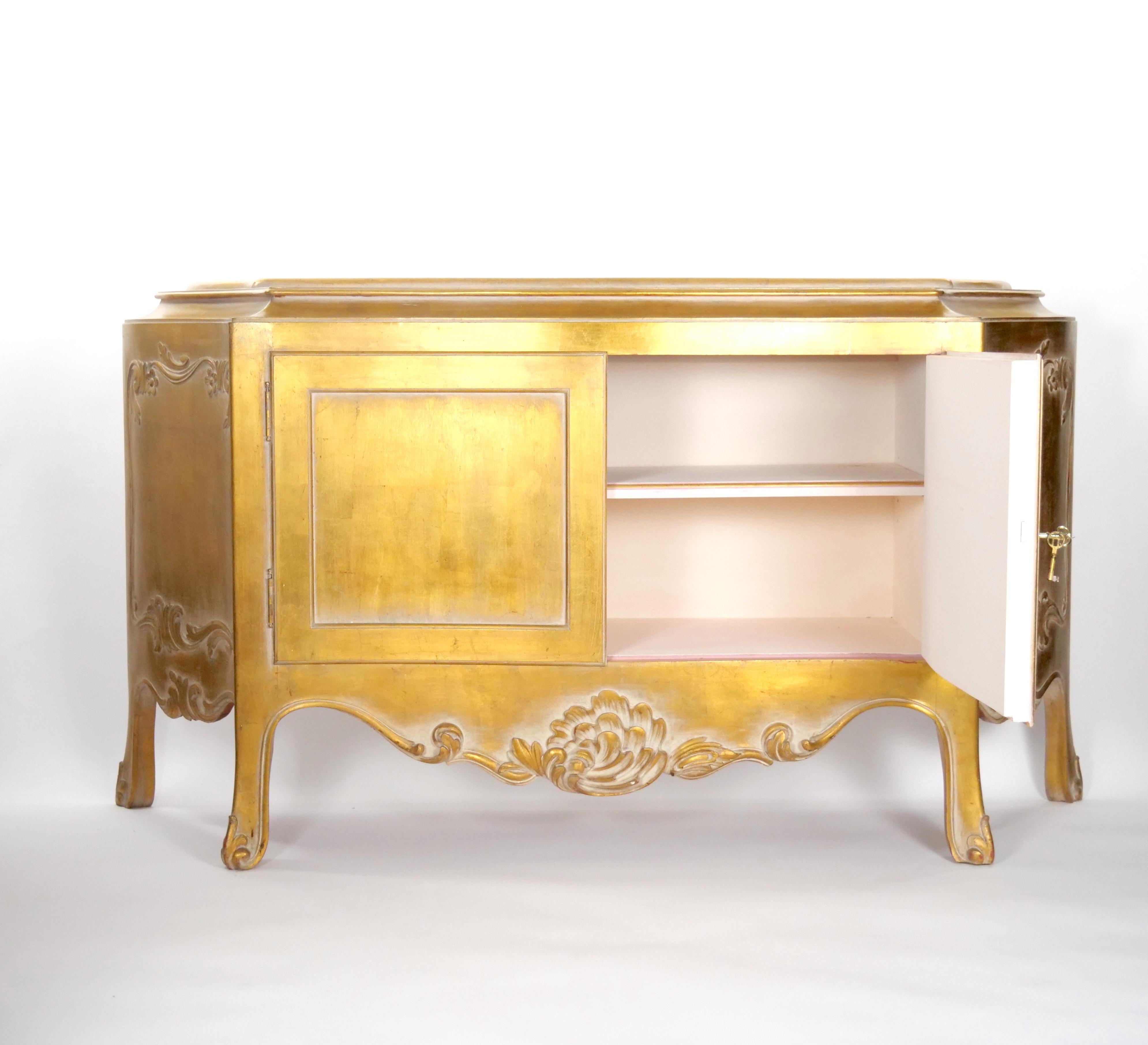Wood Hand Carved Gilt Gold Painted Exterior Two Part Display Cabinet For Sale