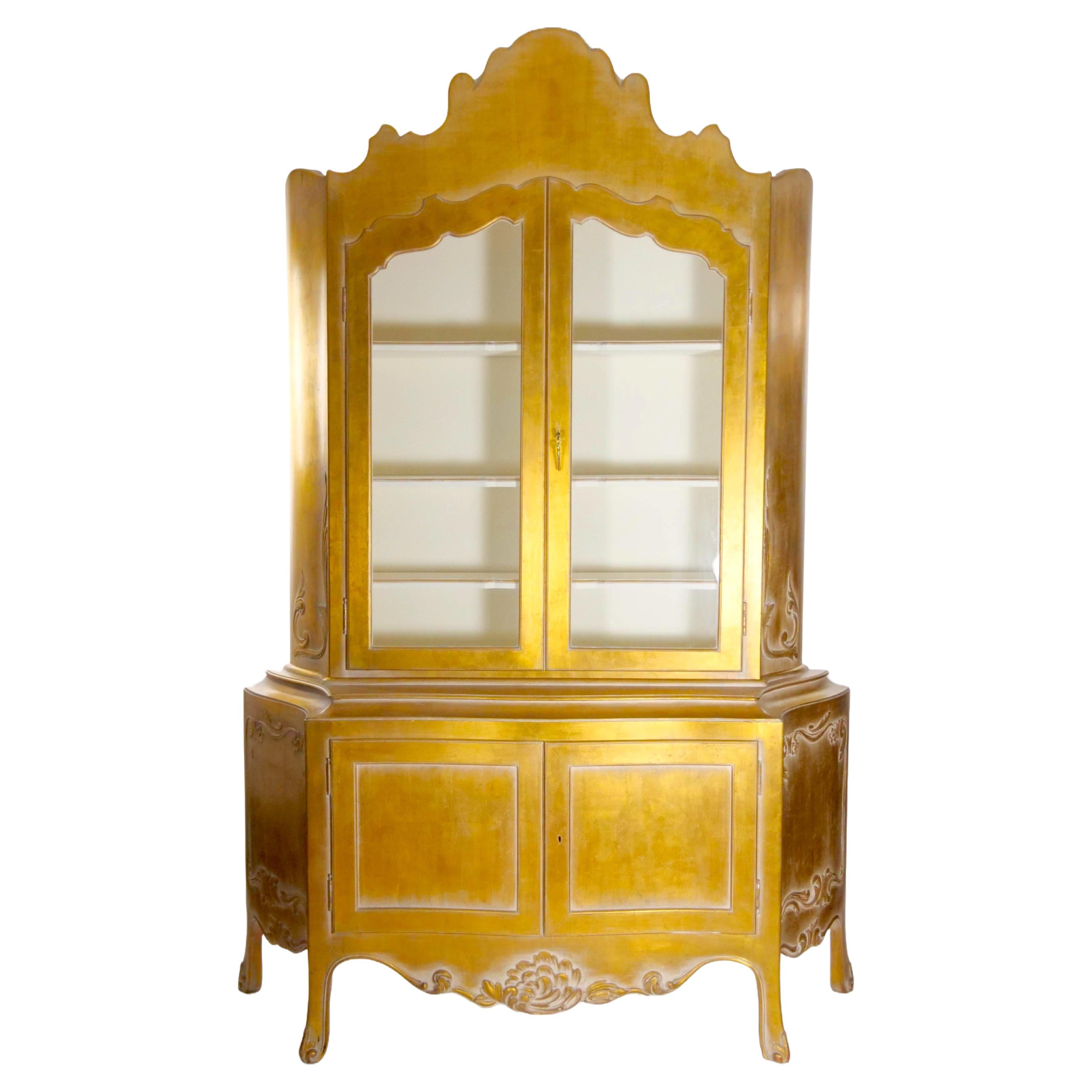 Hand Carved Gilt Gold Painted Exterior Two Part Display Cabinet For Sale