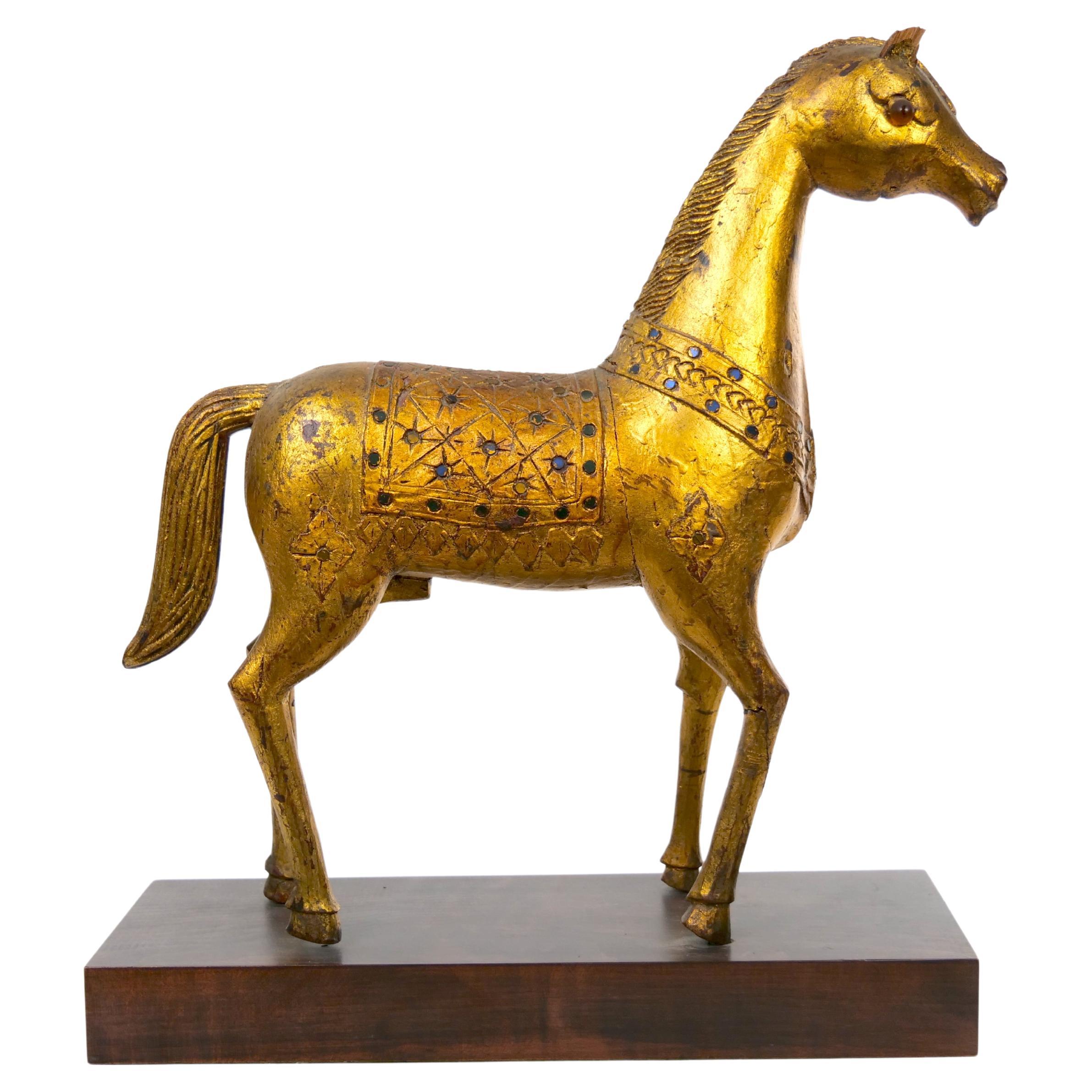 Hollywood Regency Hand Carved Gilt Gold / Wood Base Decorative Horse Sculpture For Sale