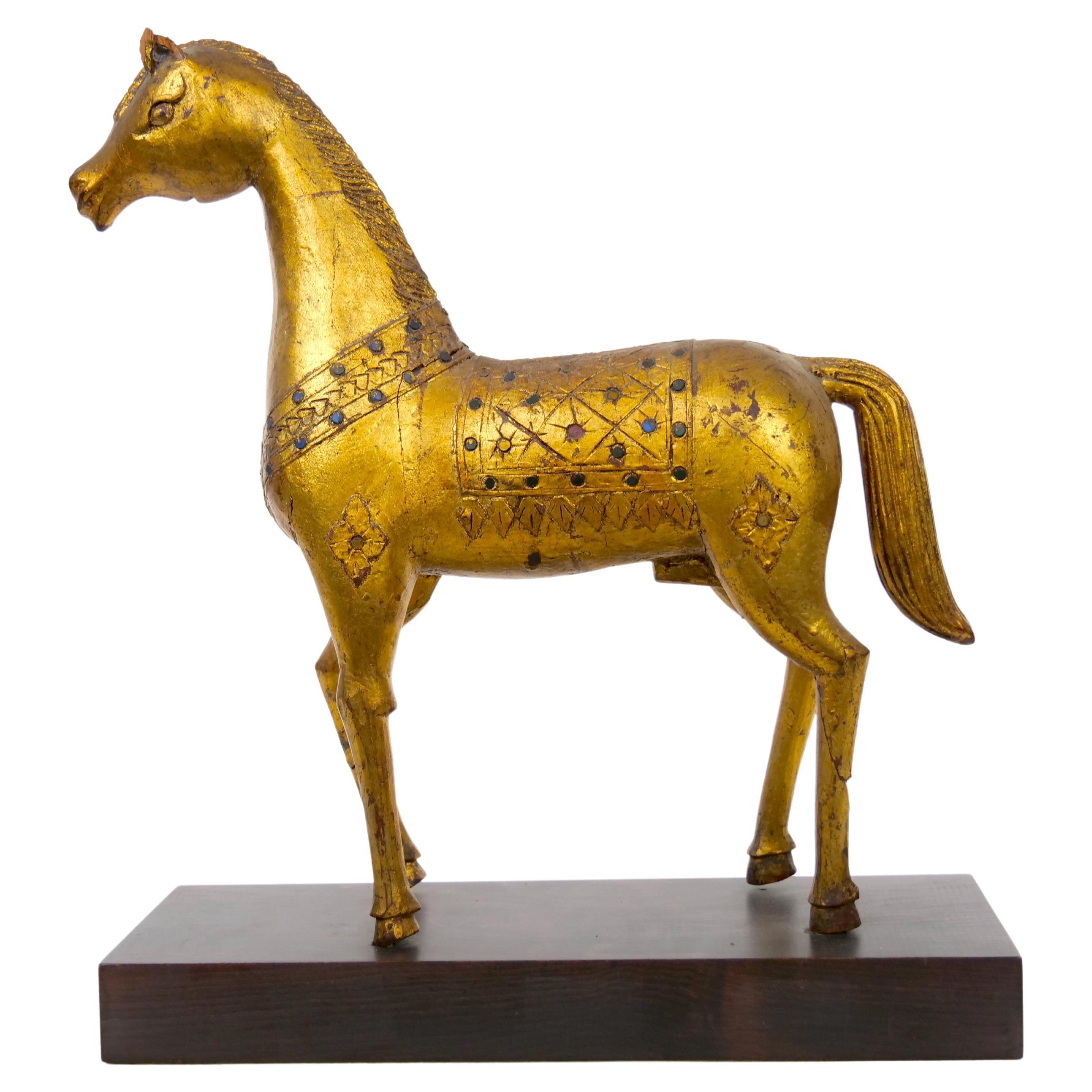 Deko-Pferd-Skulptur, handgeschnitzt, vergoldetes Gold/Holzsockel