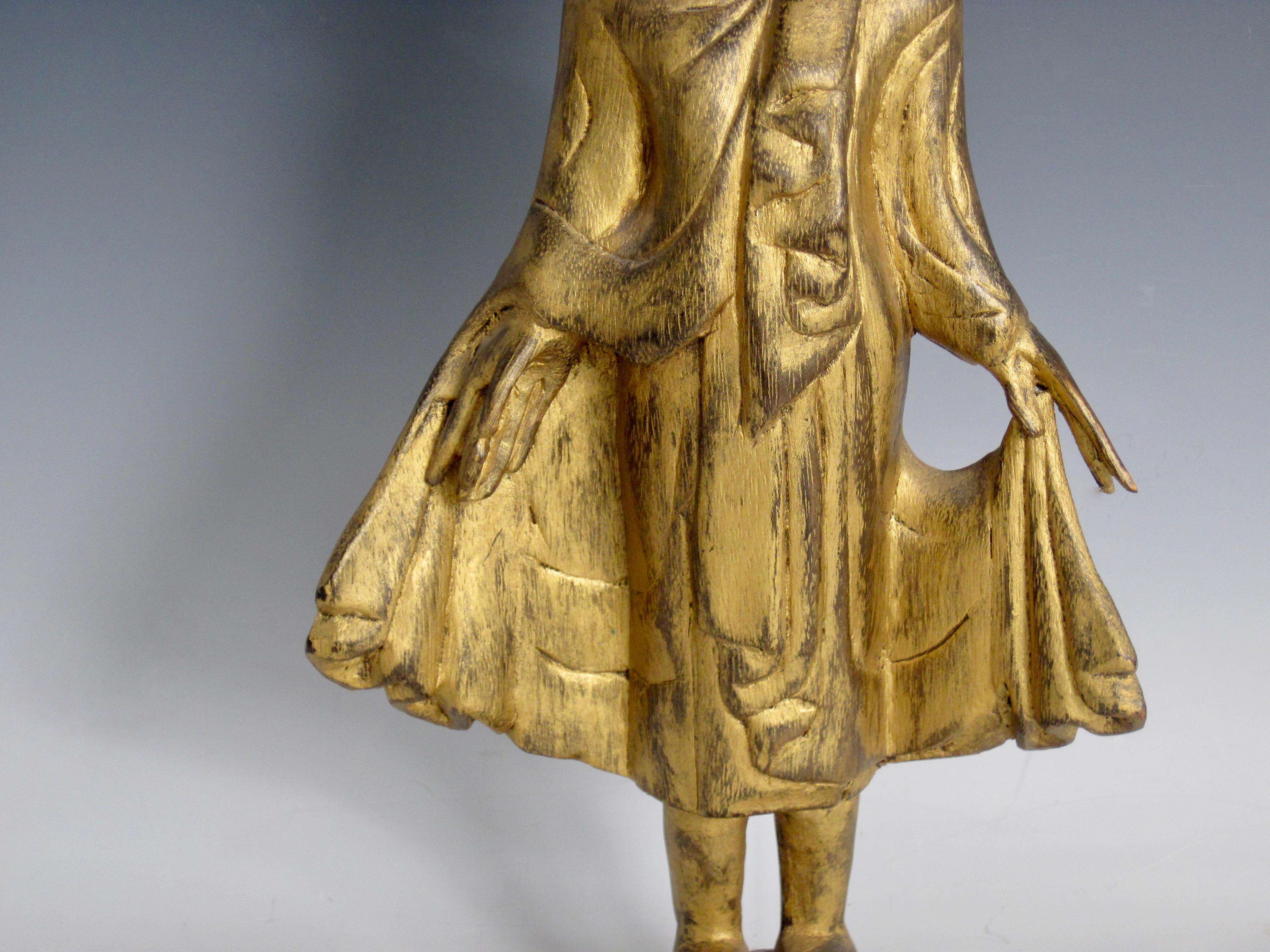 Hand Carved Gilt Standing Thai Buddha For Sale 3
