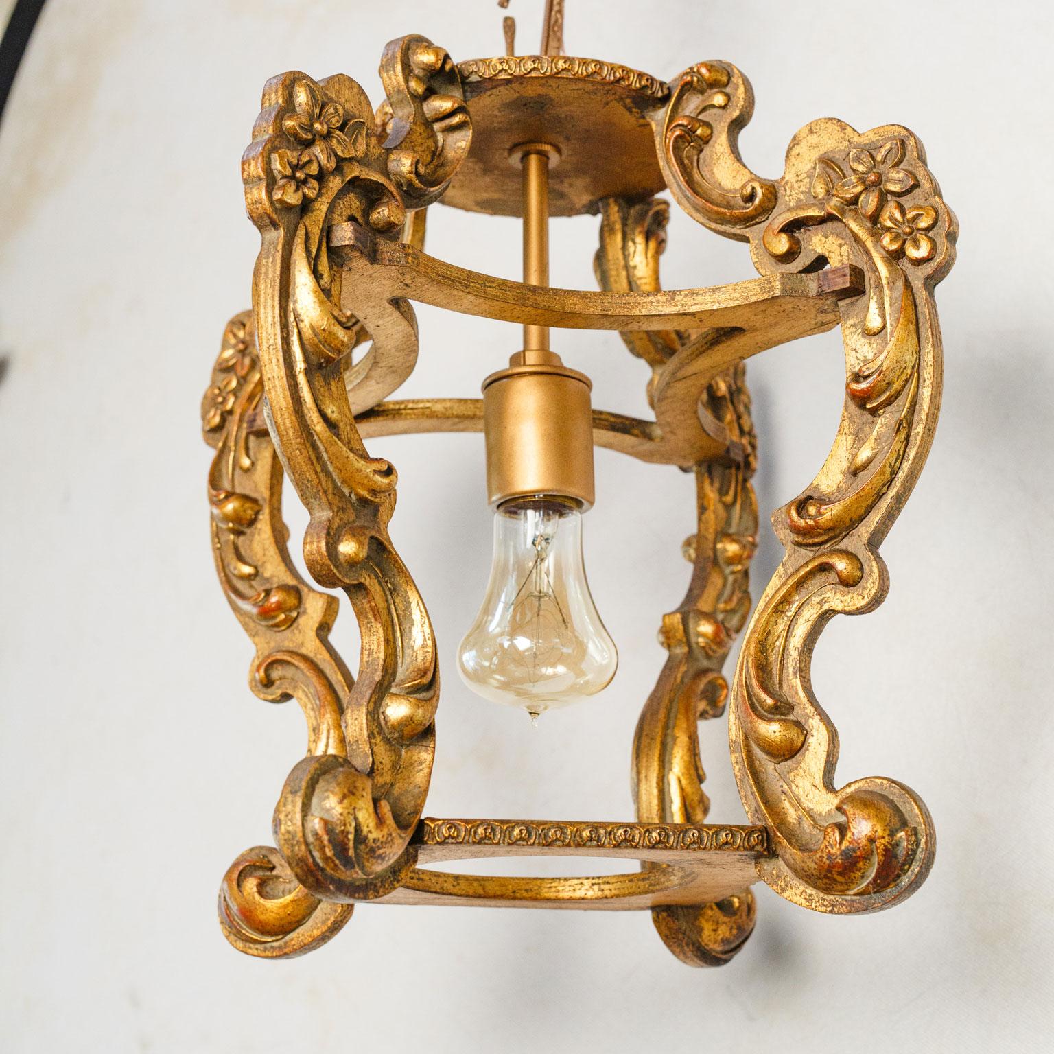 Hand-Carved Hand Carved Giltwood Italian Lantern with floral and scroll design. 