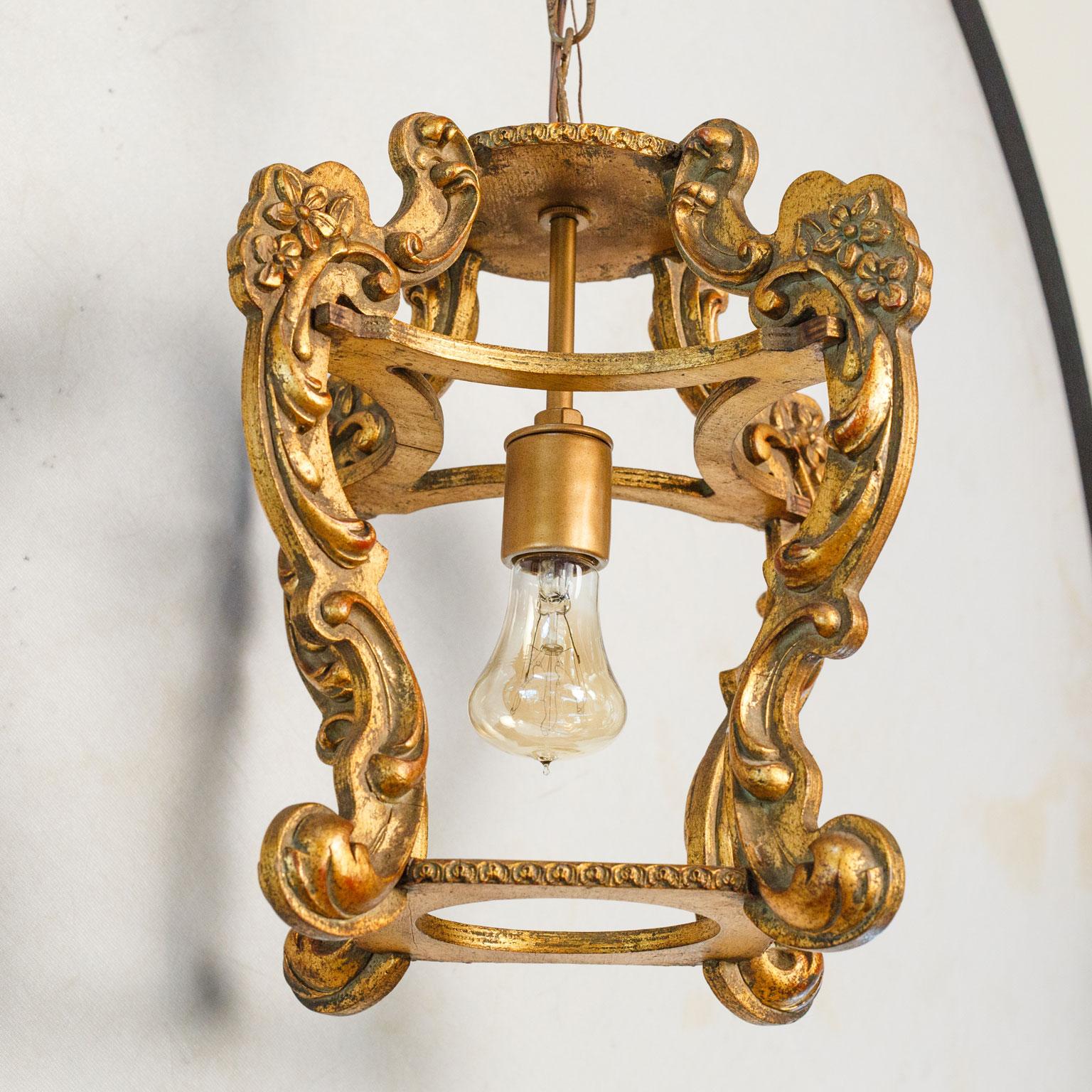 Hand Carved Giltwood Italian Lantern with floral and scroll design.  2
