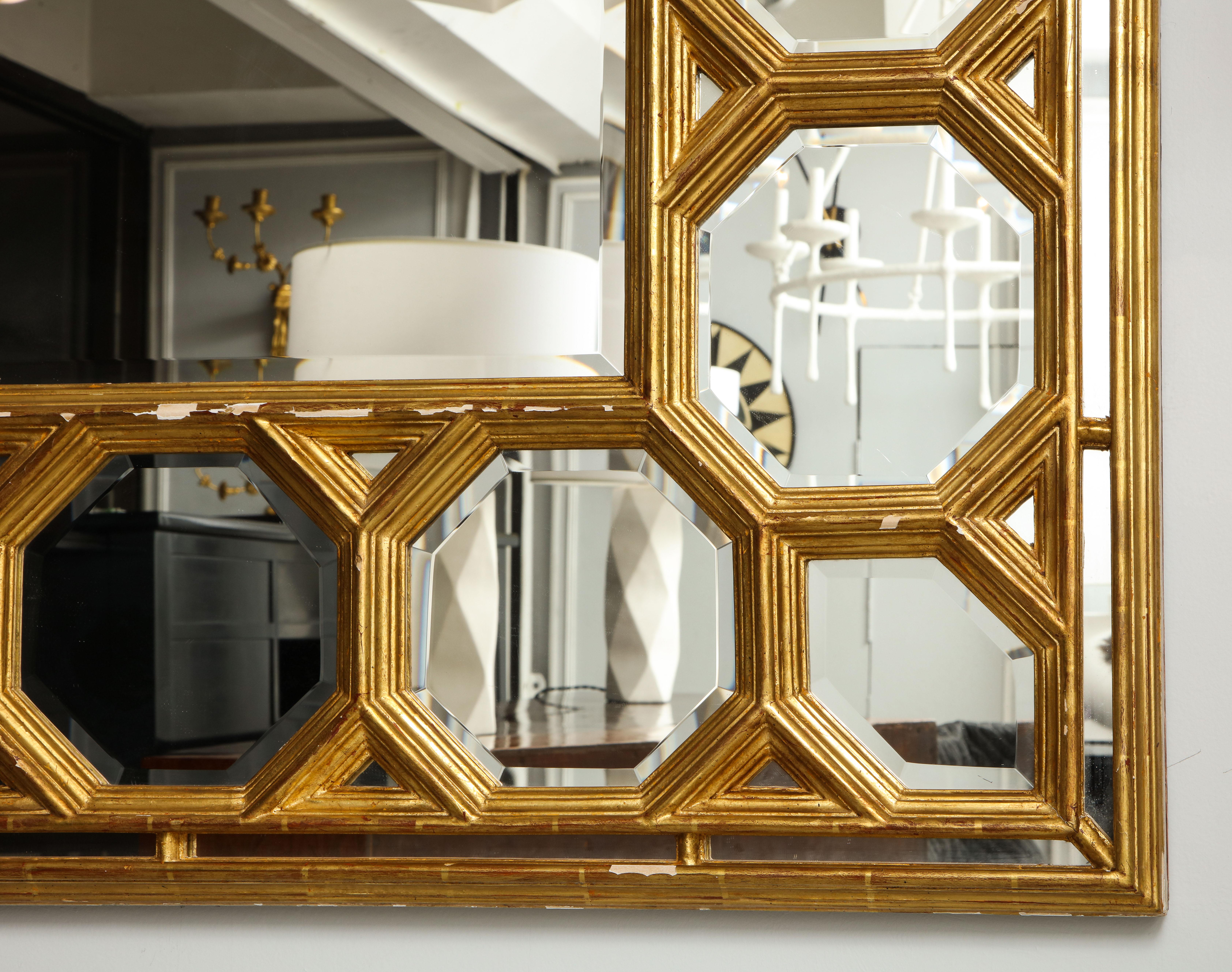 Contemporary Hand Carved Giltwood Mirror with Octagonal Design Along Border