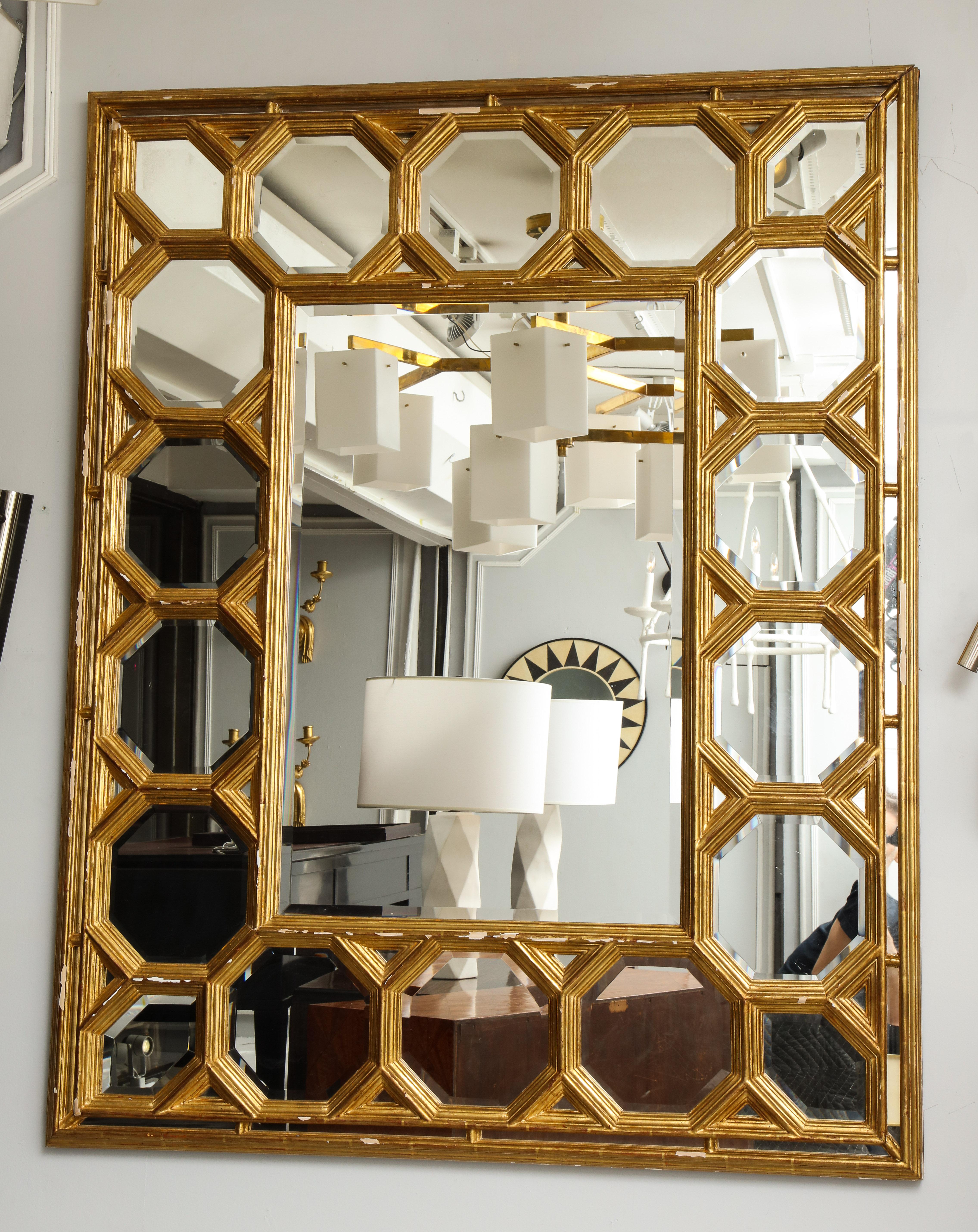 Hand Carved Giltwood Mirror with Octagonal Design Along Border 2