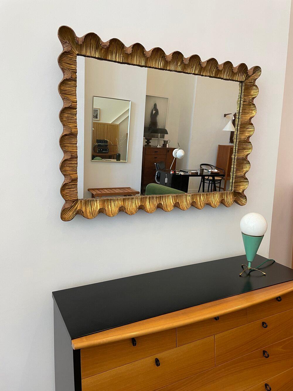 Mid-Century Modern Hand Carved Giltwood Mirror with Scalloped Edges