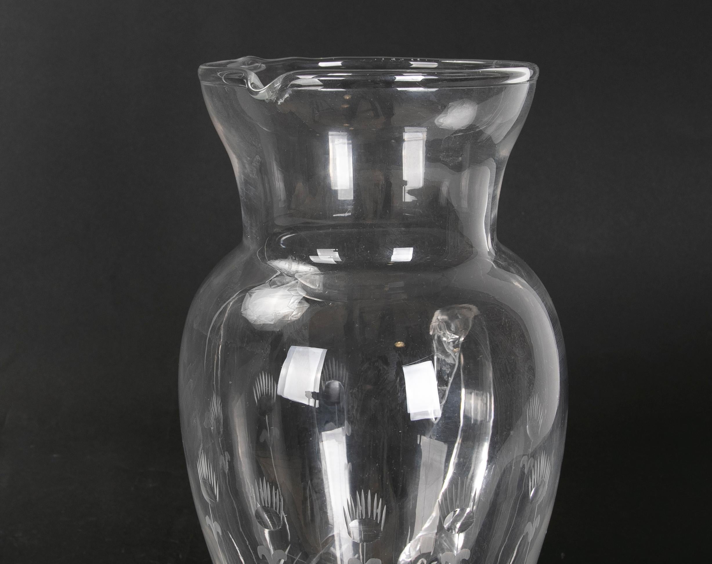 Hand Carved Glass Pitcher with Hand Carved Serving Handle For Sale 5