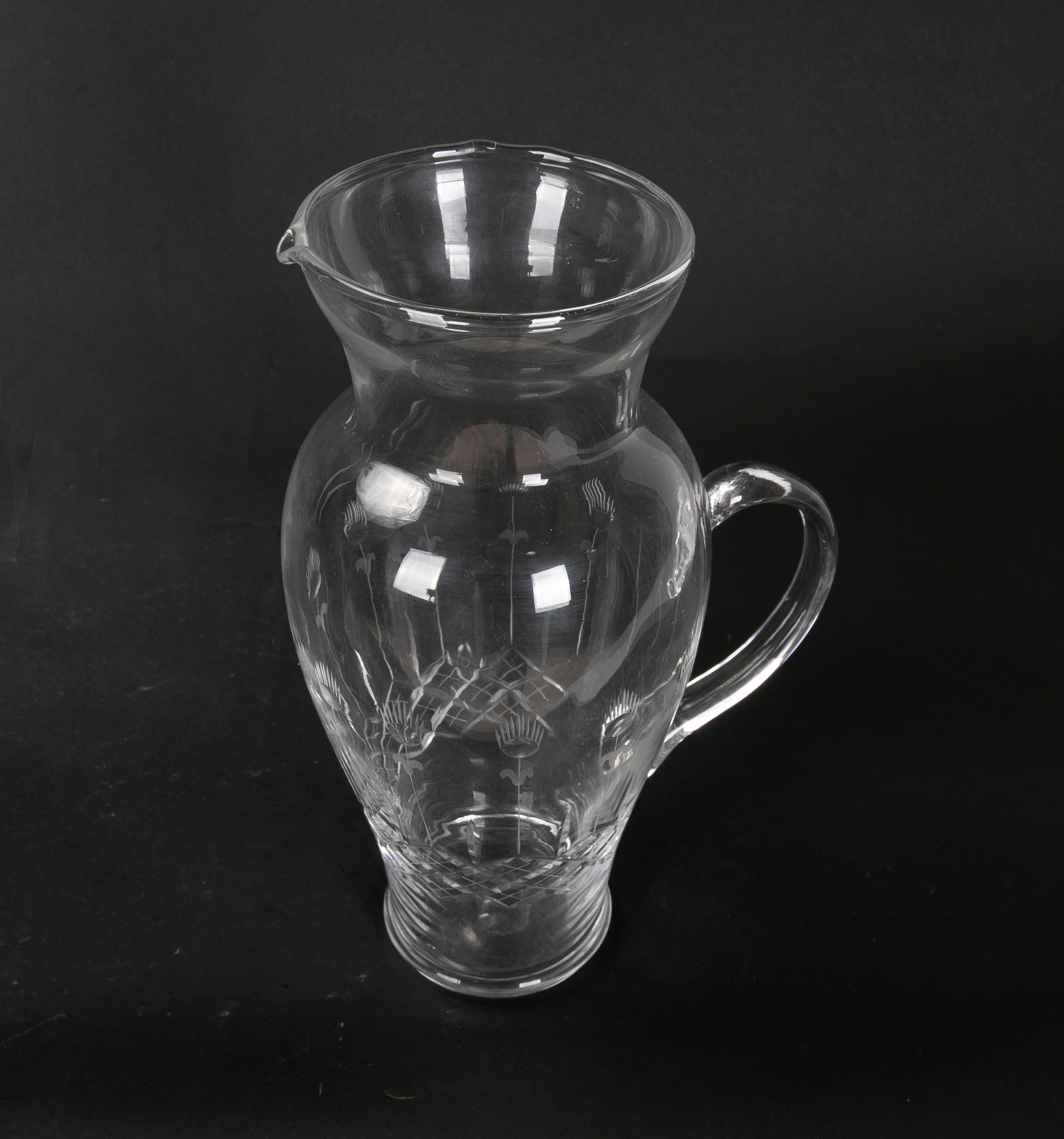 Hand Carved Glass Pitcher with Hand Carved Serving Handle For Sale 8
