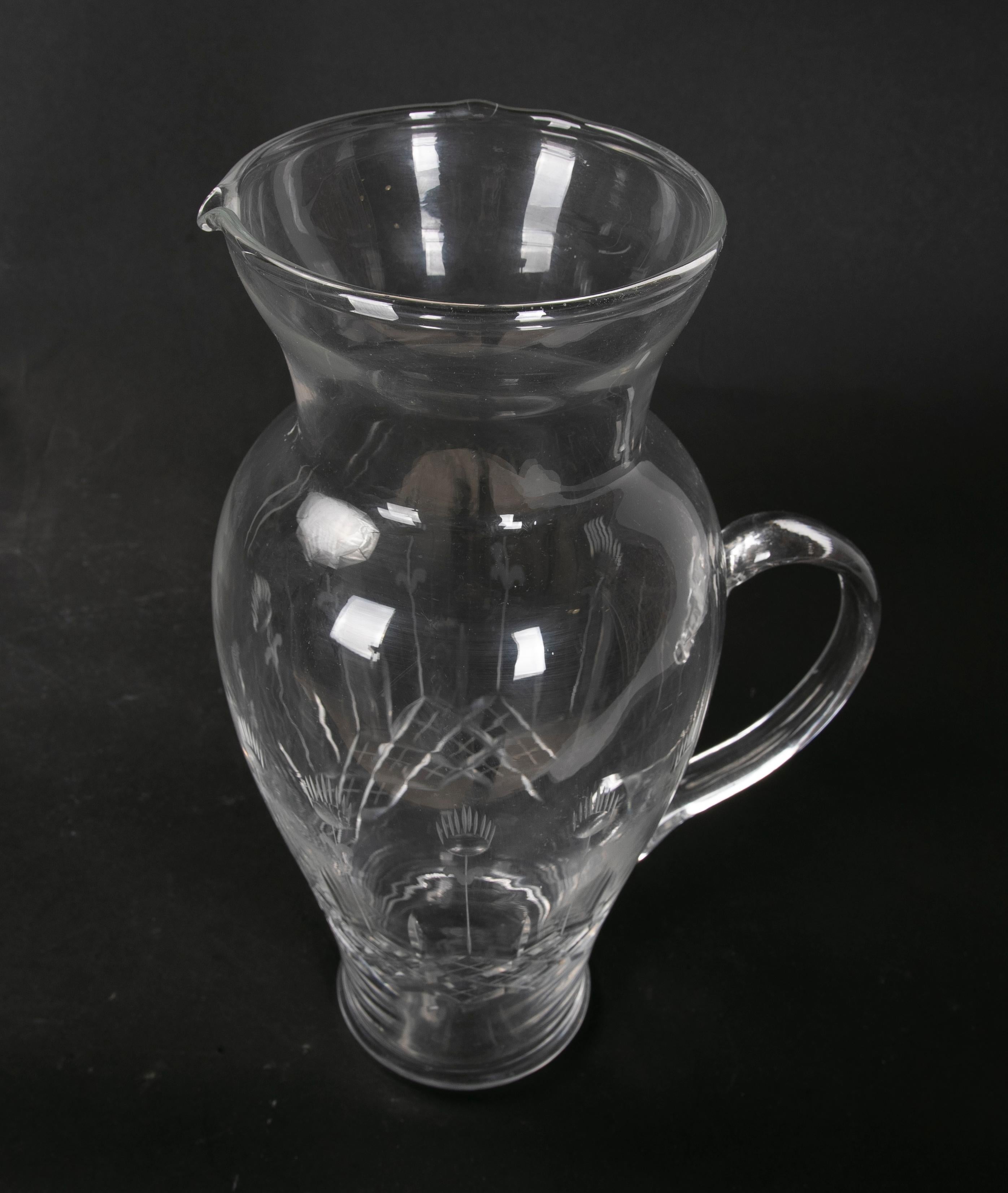Hand Carved Glass Pitcher with Hand Carved Serving Handle For Sale 9