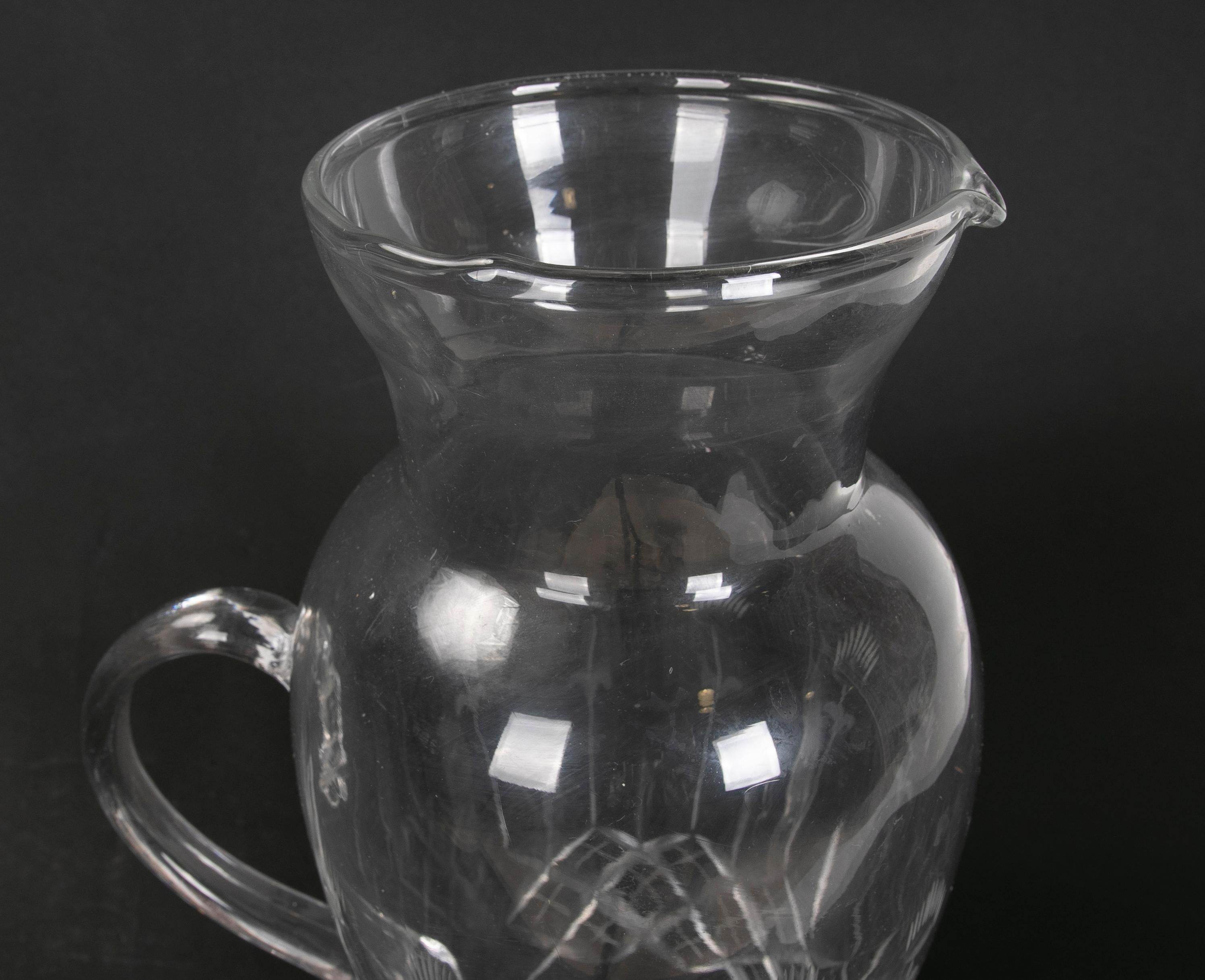 Hand Carved Glass Pitcher with Hand Carved Serving Handle In Good Condition For Sale In Marbella, ES