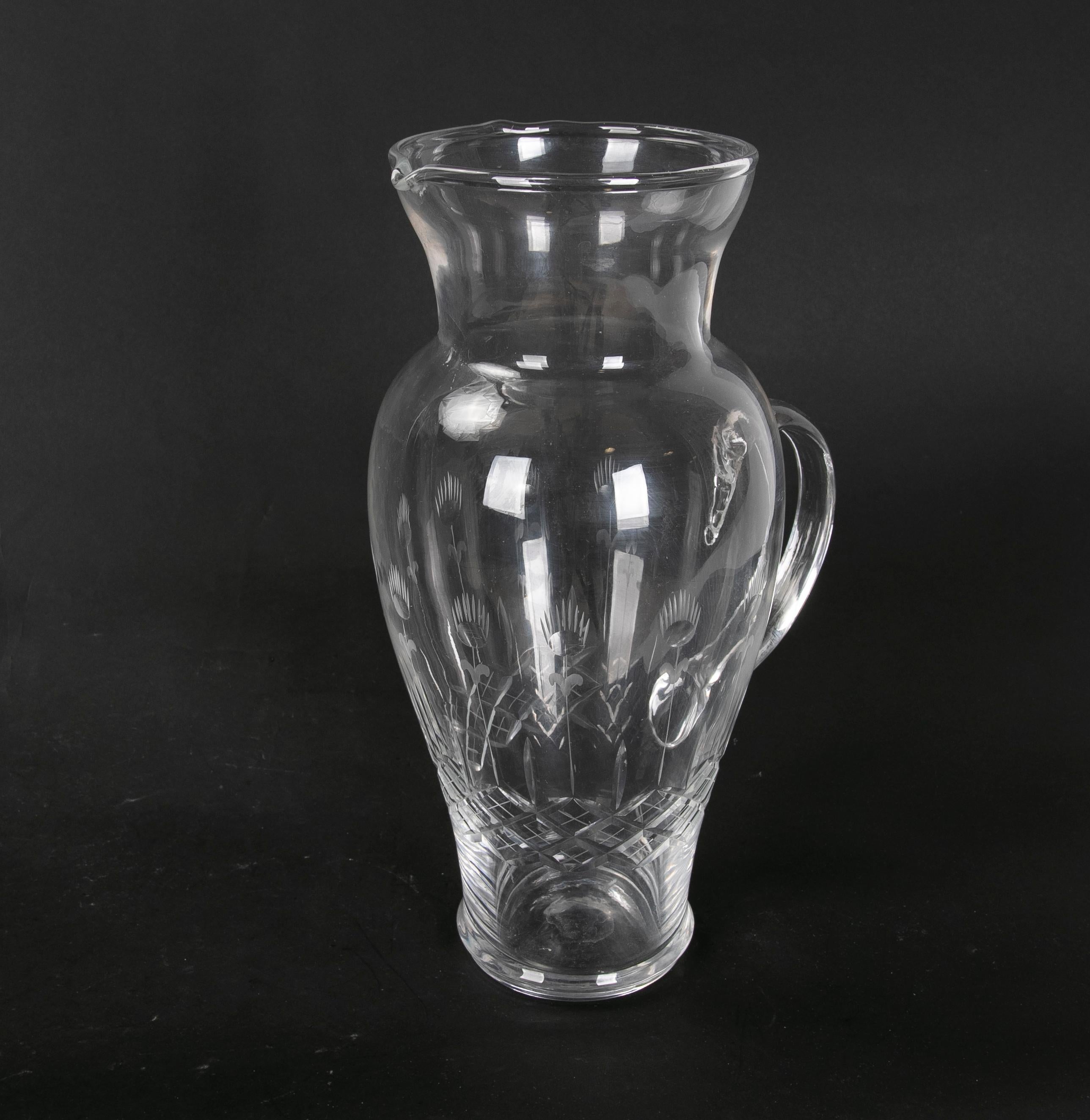 20th Century Hand Carved Glass Pitcher with Hand Carved Serving Handle For Sale