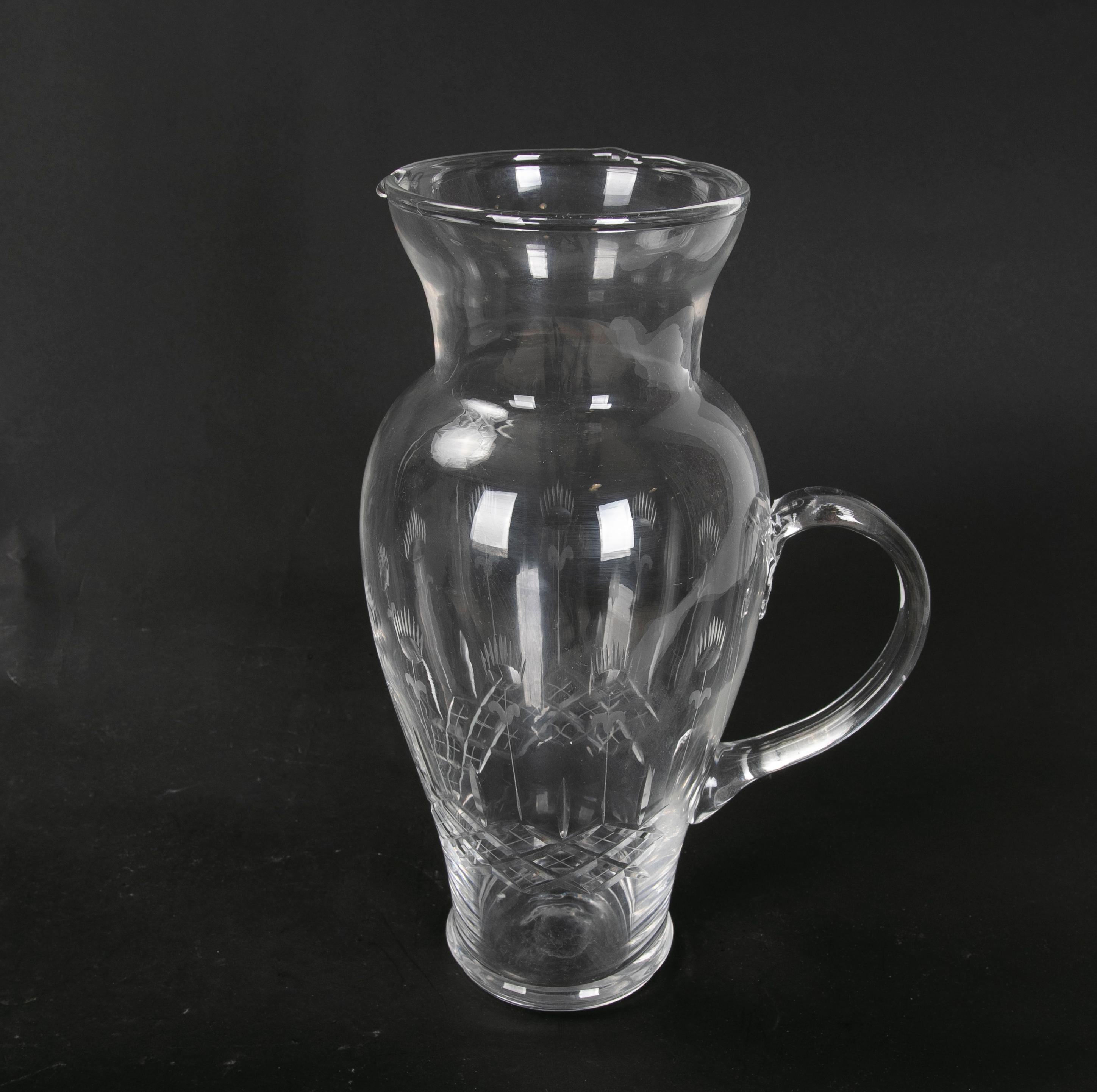 Hand Carved Glass Pitcher with Hand Carved Serving Handle For Sale 1