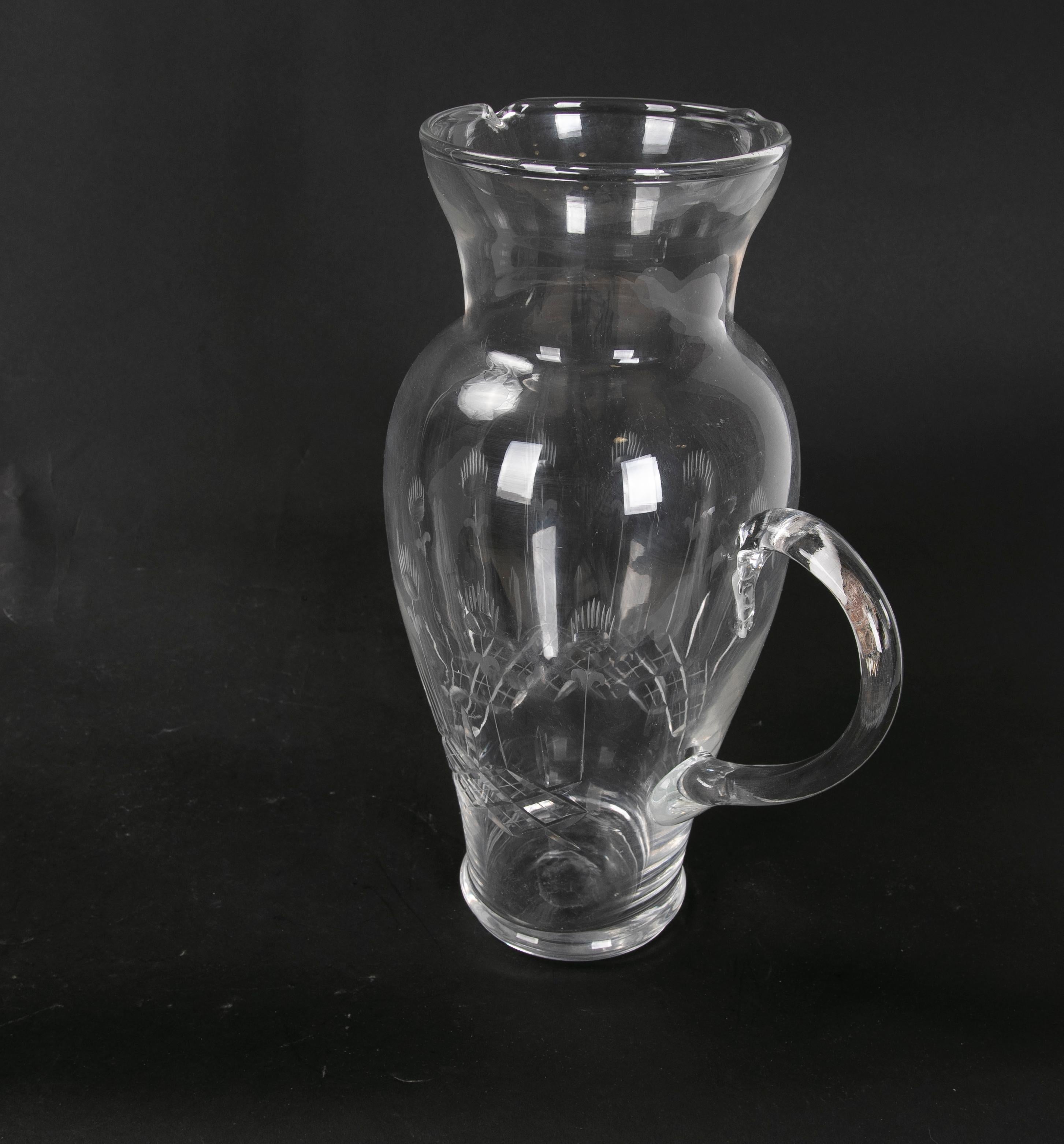 Hand Carved Glass Pitcher with Hand Carved Serving Handle For Sale 2